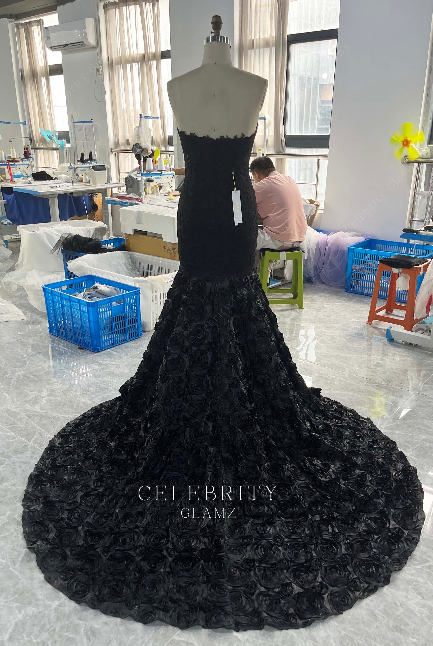 long 3d rose train prom gown