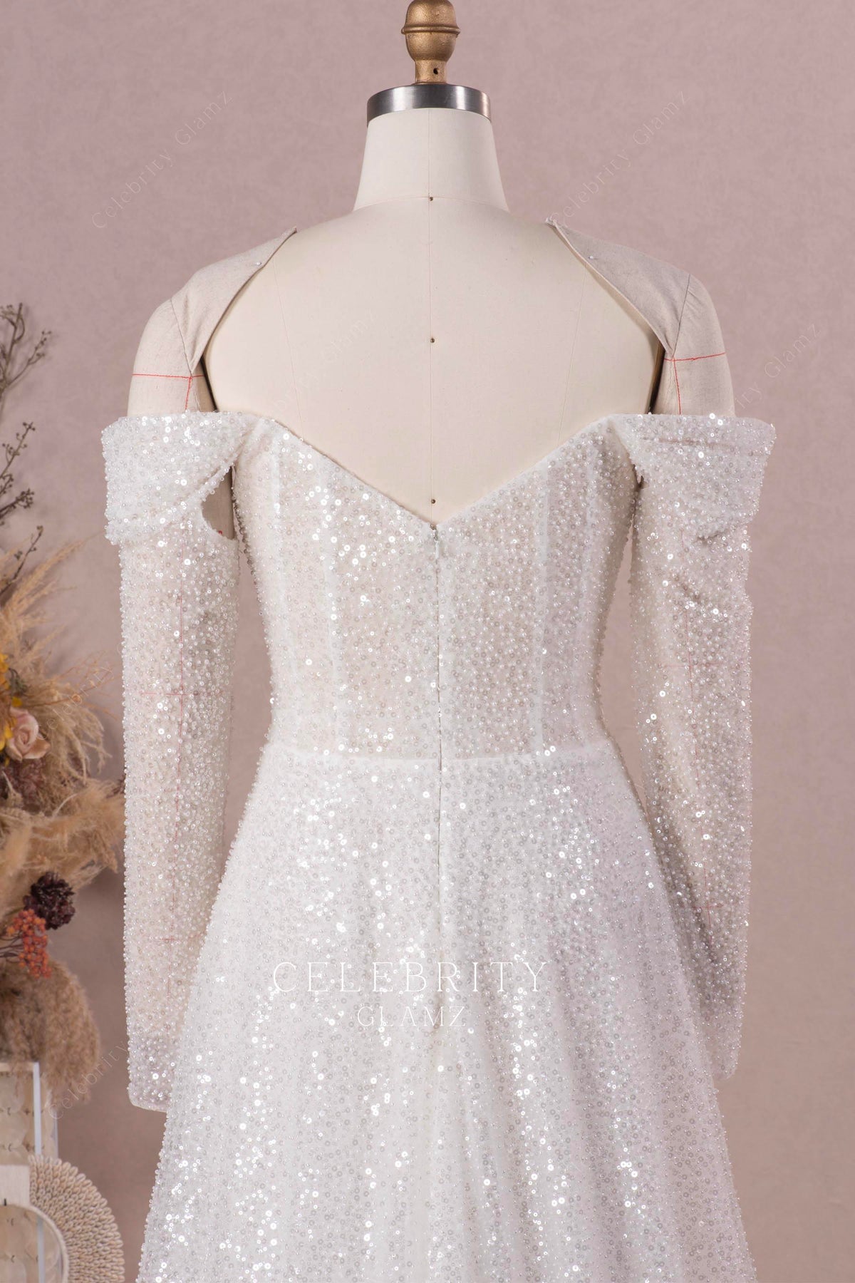 long sleeved v back wedding dress