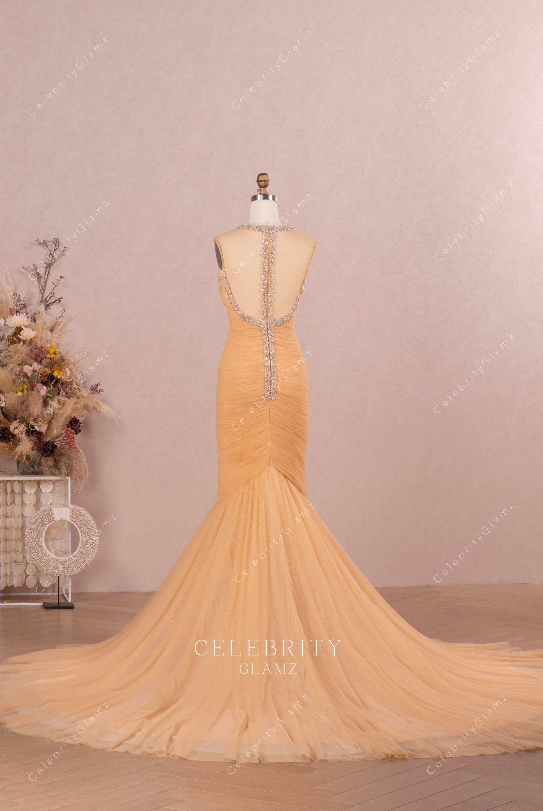 long train illusion back bridal gown