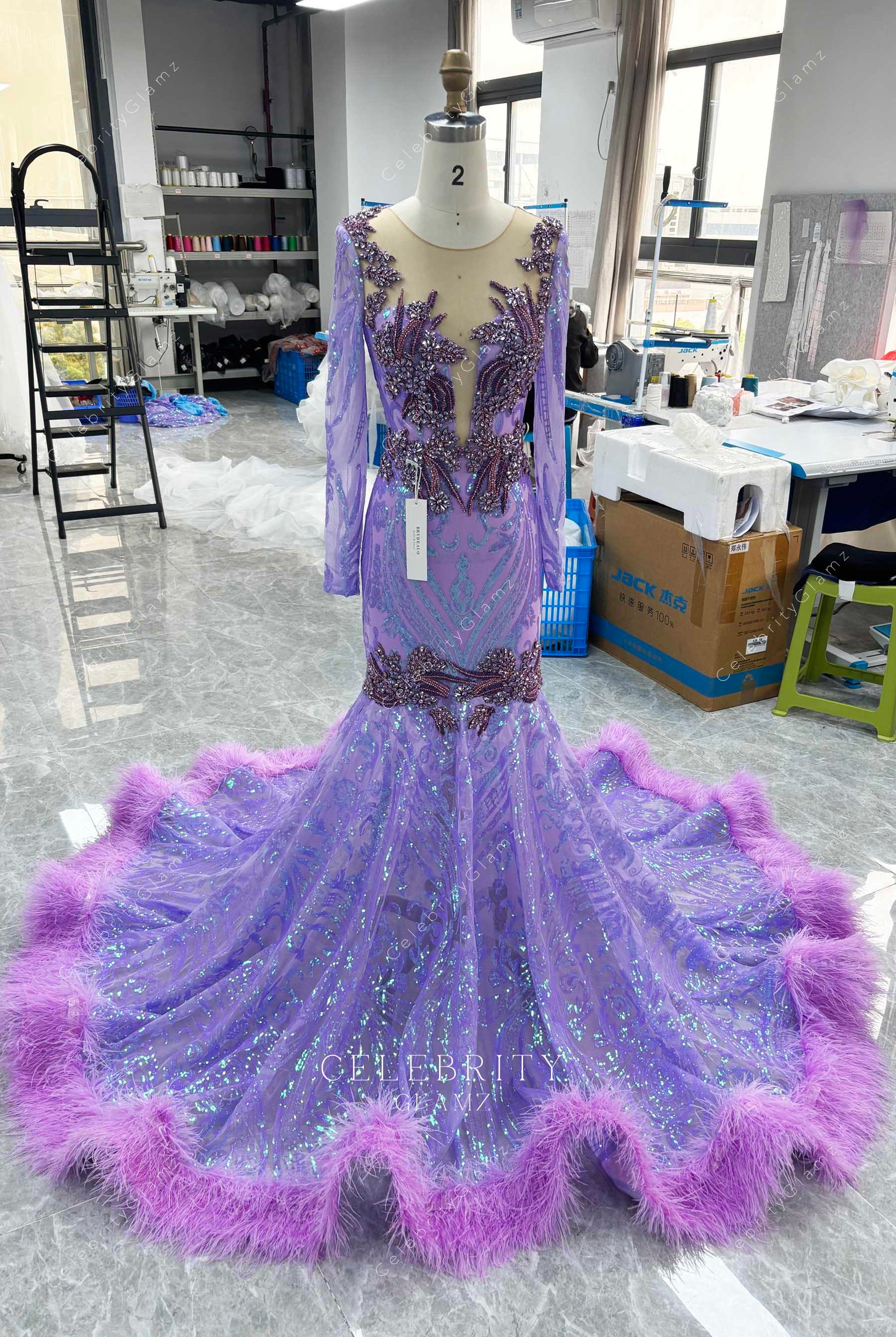 luxury feather mermaid prom dress