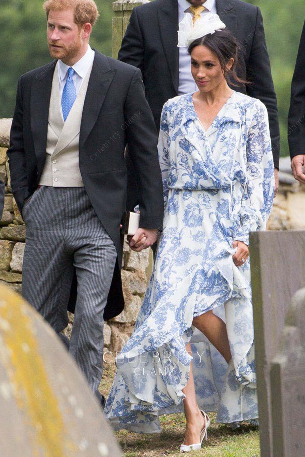 Meghan Markle blue printed a line prom dress first British wedding as royal 2018