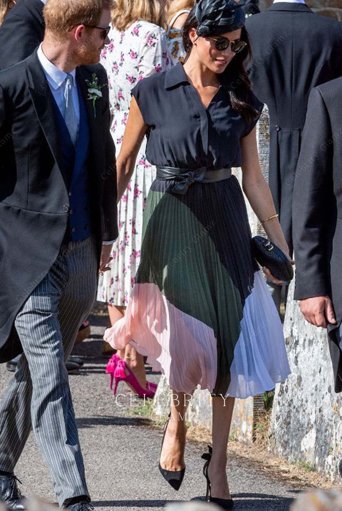 Meghan Markle chiffon multi colores prom dress Harry's friend's wedding