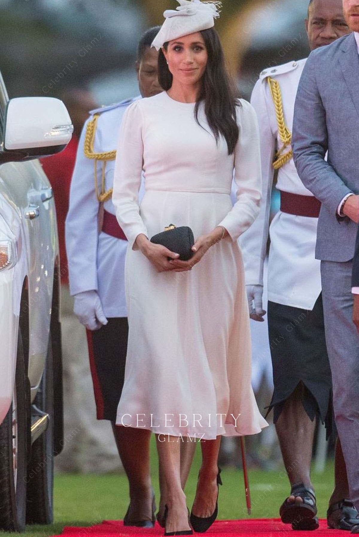 Meghan Markle elegant white tea length formal dress touched down in fiji 2018