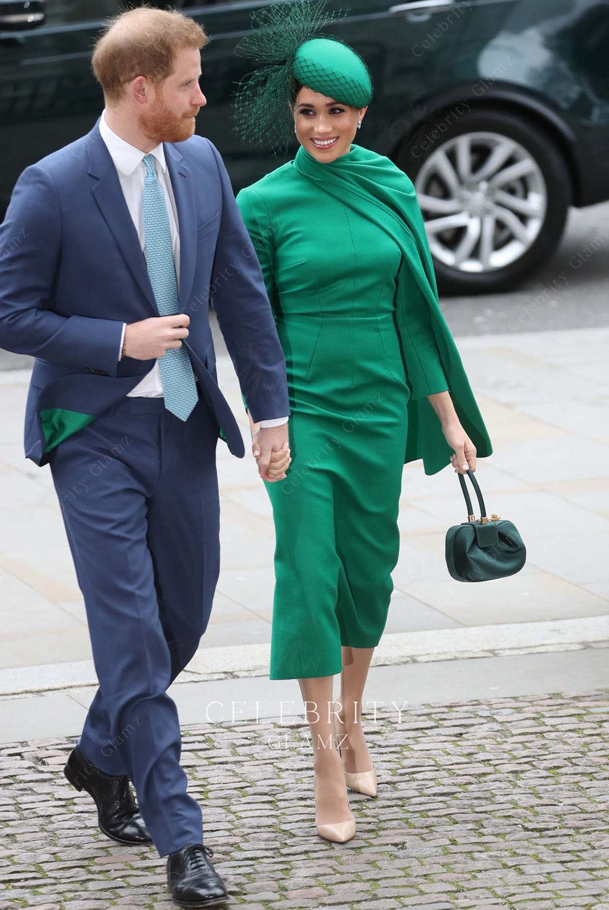 Meghan Markle emerald green cape formal dress Westminster abbey commonwealth service 2020