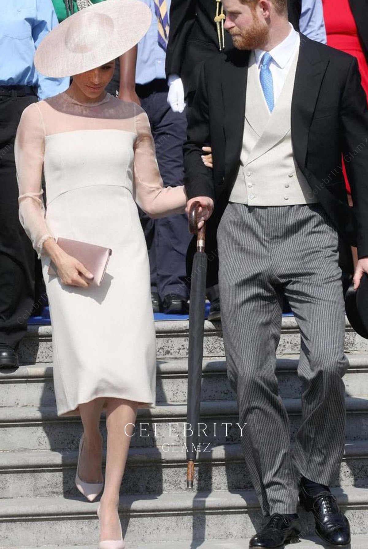 Meghan Markle ivory sheer long sleeve formal dress prince Charles 70th birthday