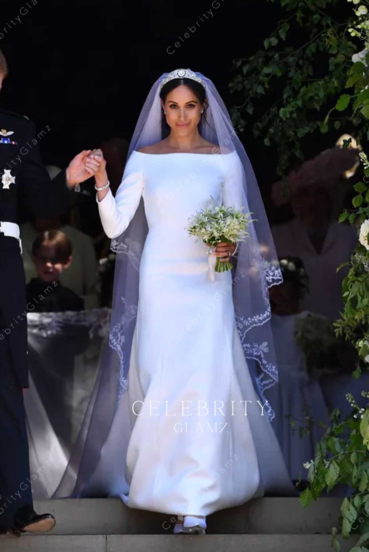 Meghan Markle white satin long sleeves wedding dress