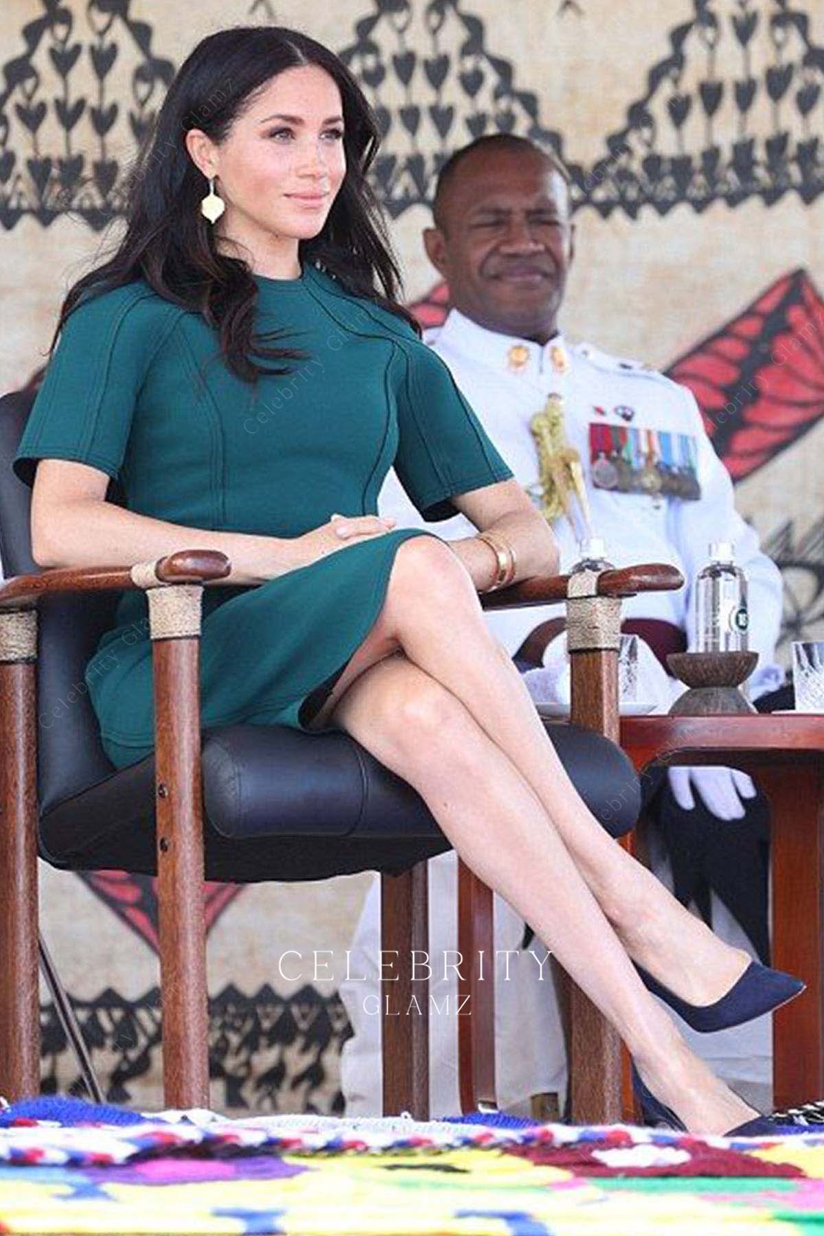 Meghan Markle peacock green angular sleeve formal dress 16 day visit south pacific 2018