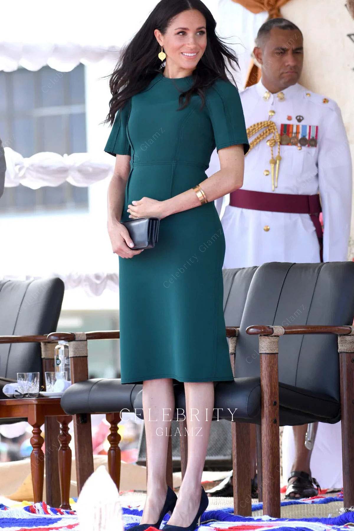 Meghan Markle peacock green knee length prom dress 16 day visit south pacific 2018