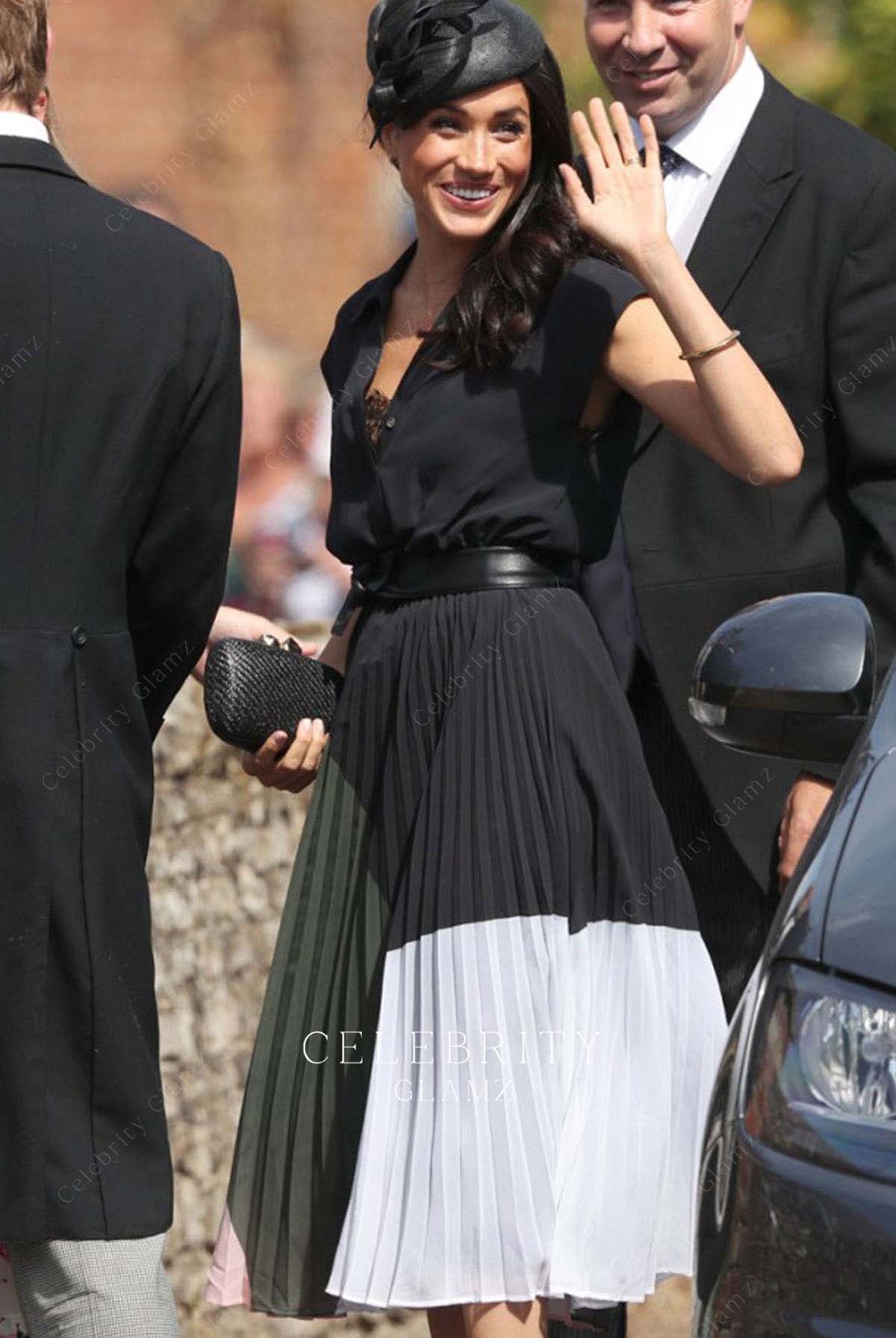 Meghan Markle pleated chiffon formal dress Harry's friend's wedding