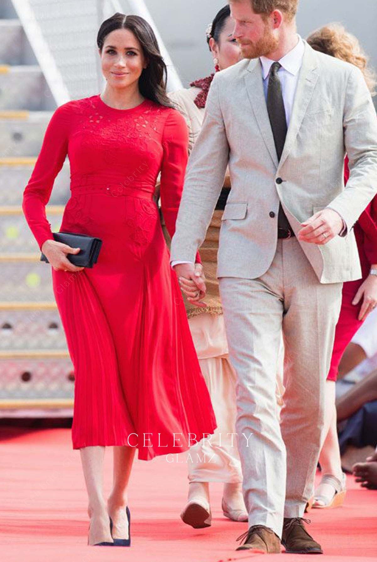 Meghan Markle red a line prom dress royal tour 2018