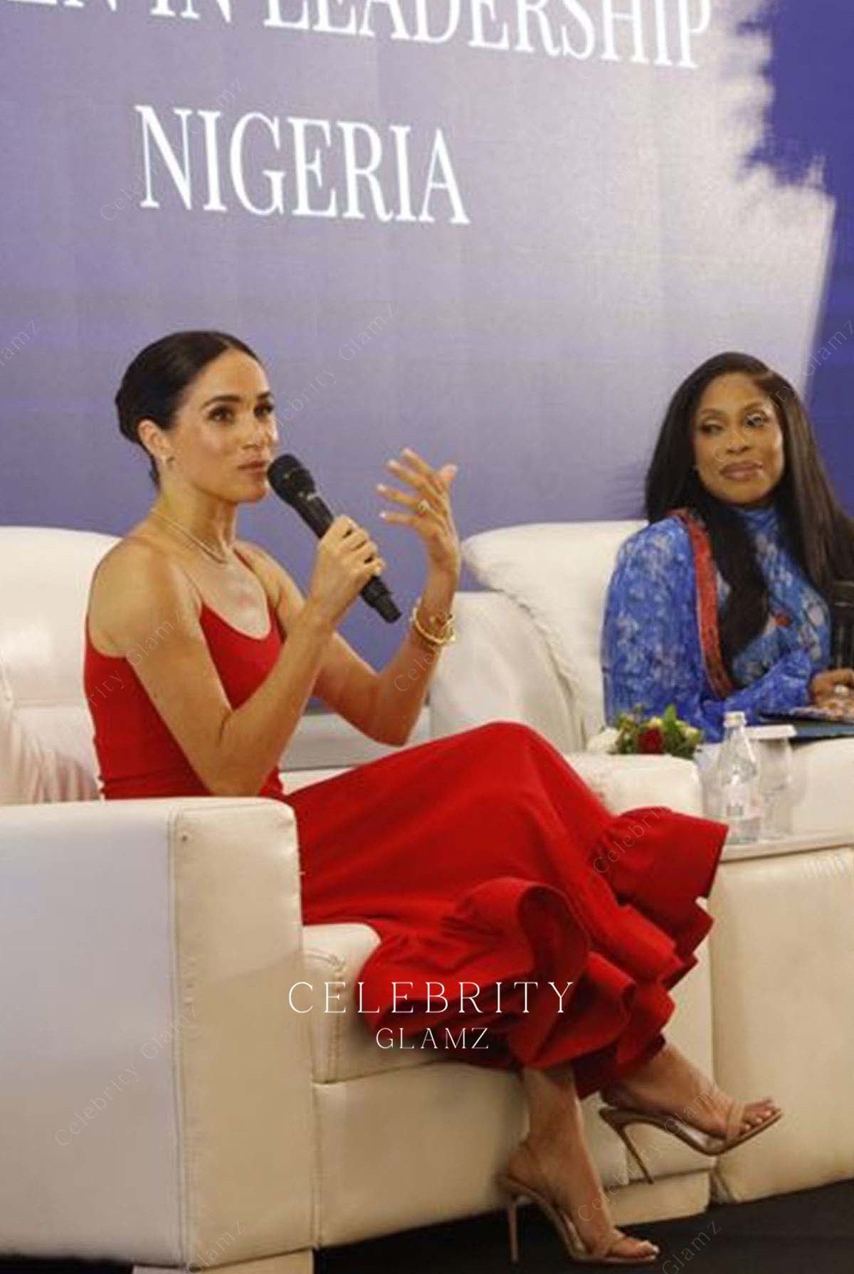 Meghan Markle red a line prom dress women in leadership event 2024