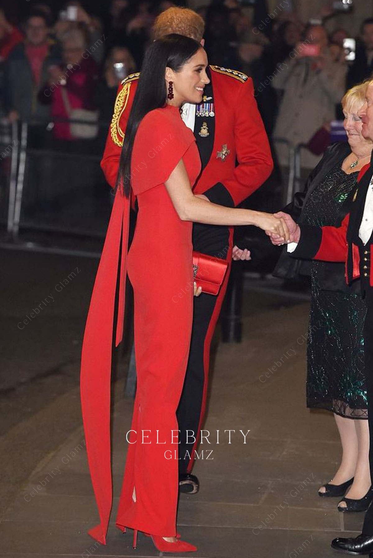 Meghan Markle red back slit formal dress Mountbatten festival of music 2020