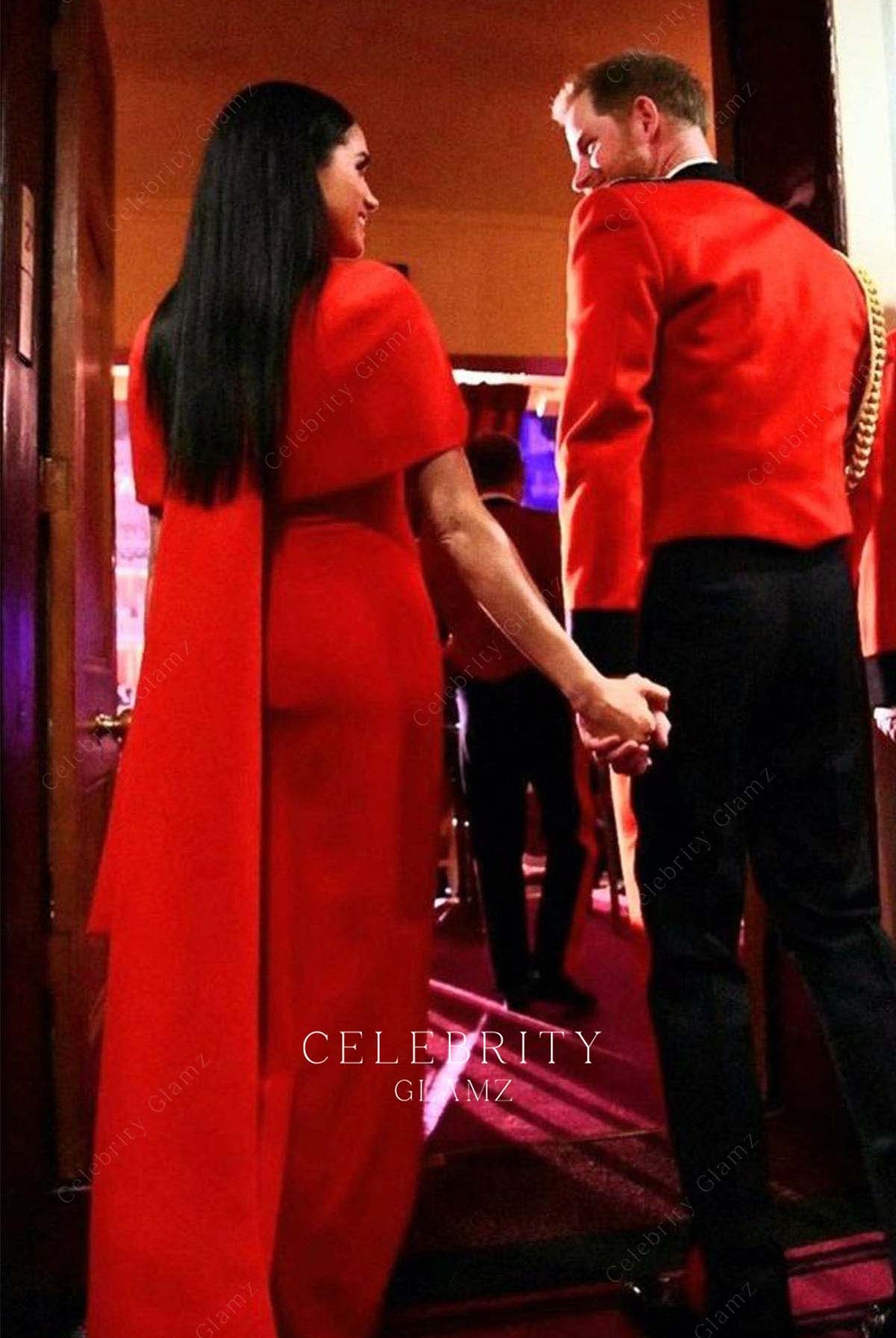 Meghan Markle red cape sleeves formal dress Mountbatten festival of music 2020