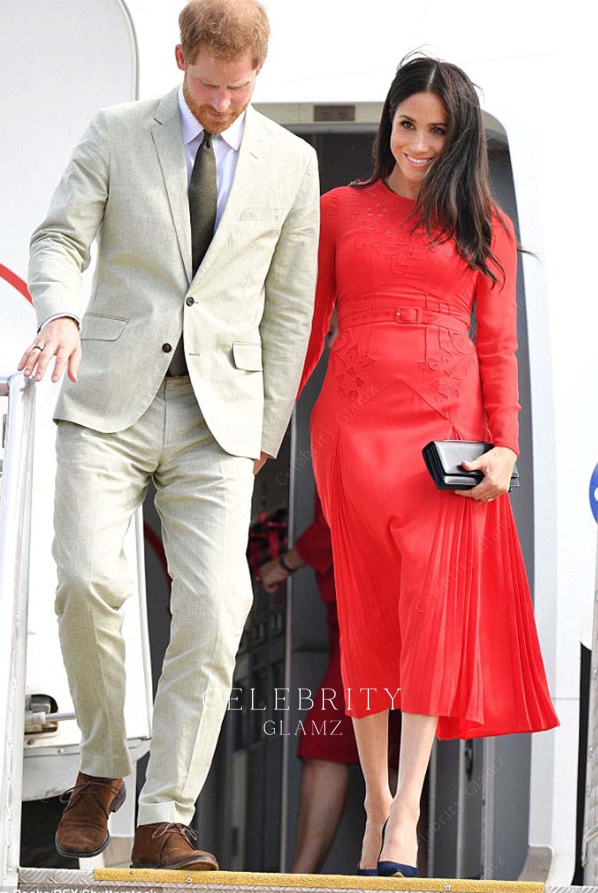 Meghan Markle red crew prom dress royal tour 2018
