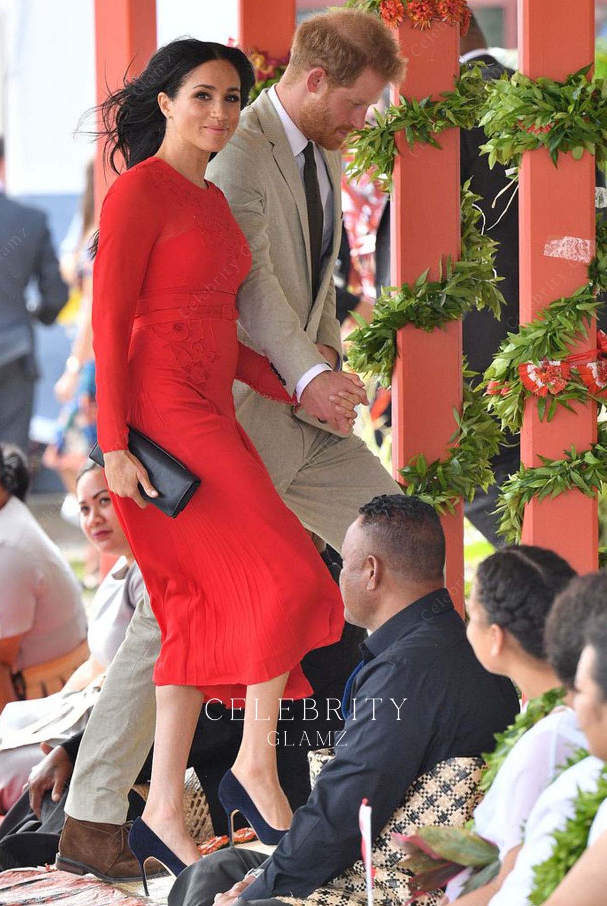 Meghan Markle red midi prom dress royal tour 2018