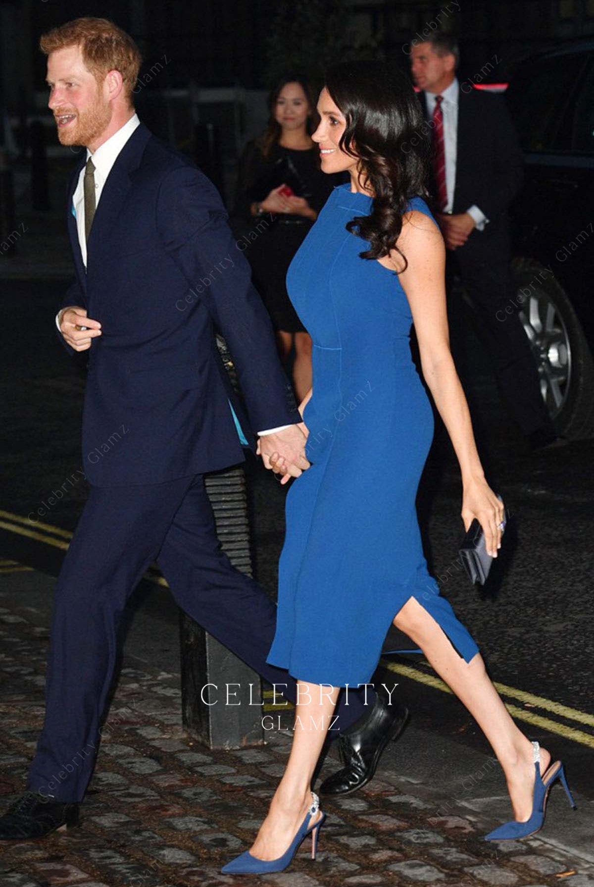 Meghan Markle sapphire back slit prom dress peace gala music even 100 days