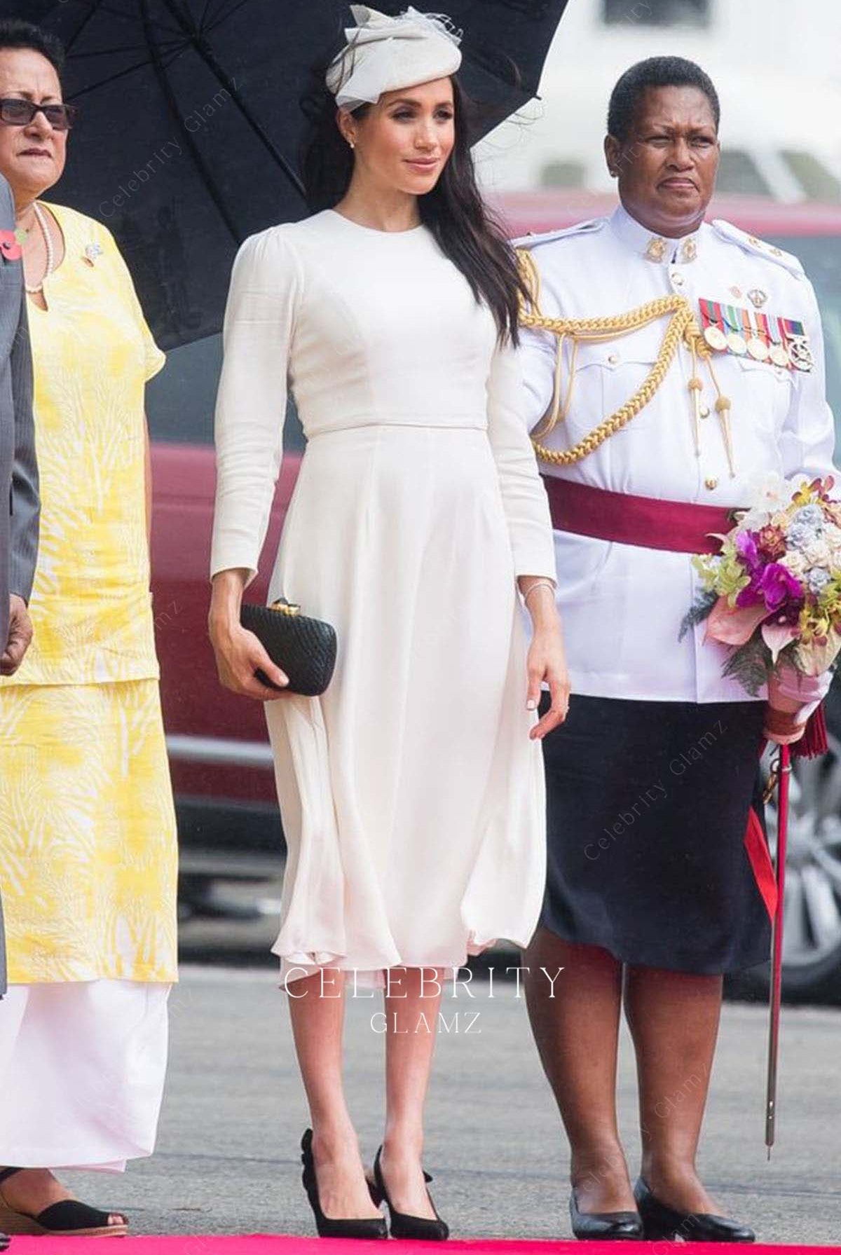 Meghan Markle elegant white tea length formal dress touched down in fiji 2018