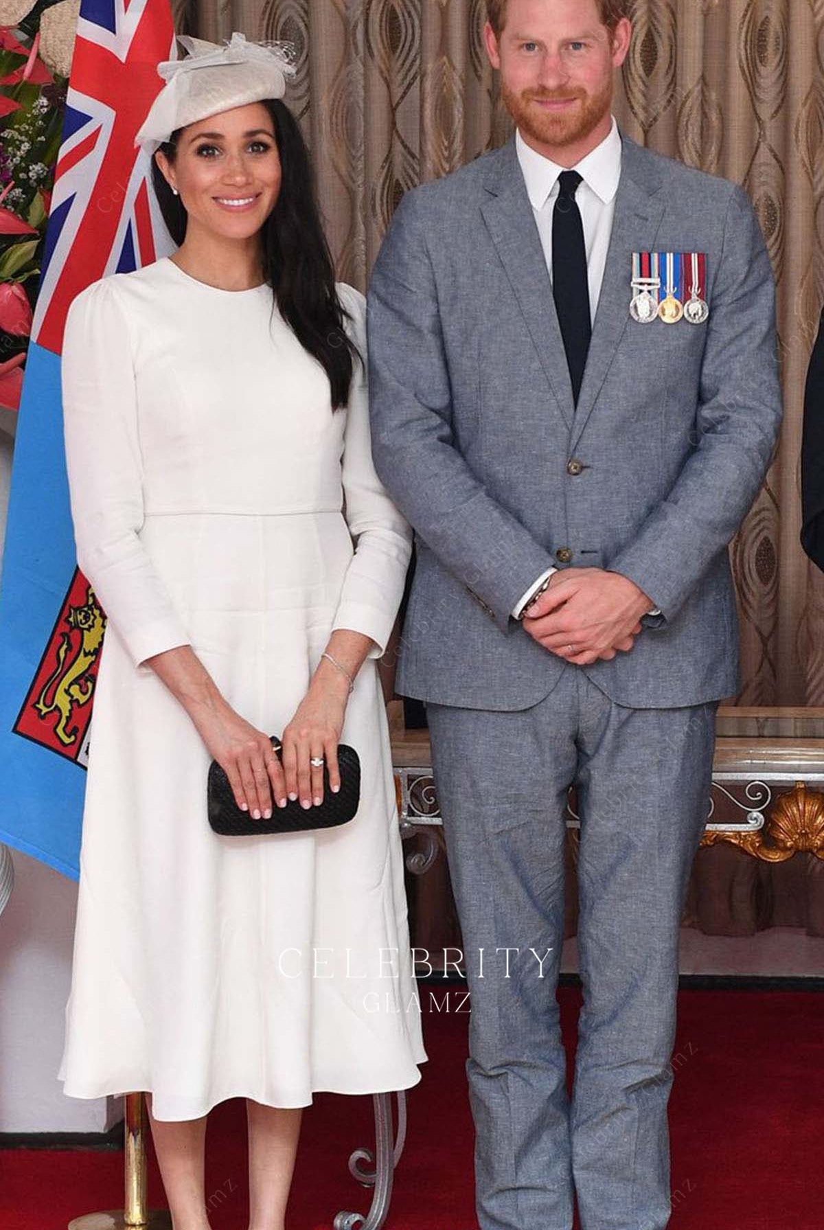 Meghan Markle white midi formal dress touched down in fiji 2018