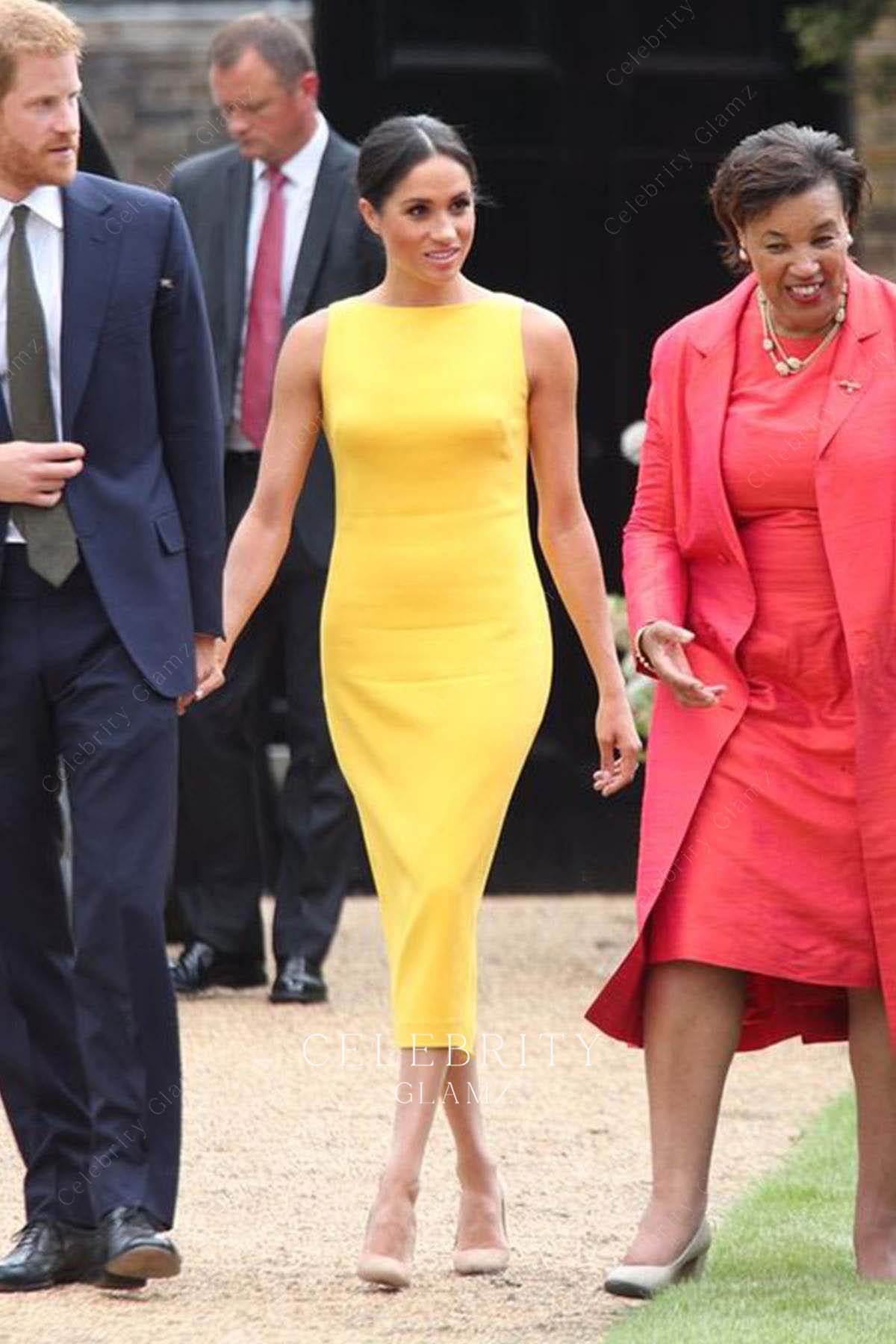 Meghan Markle yellow Sabrina neck prom dress commonwealth youth challenge reception 2018