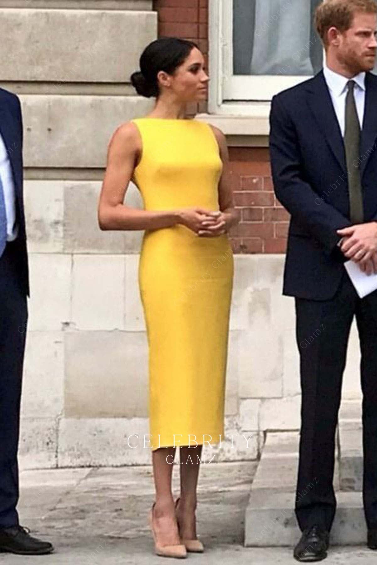 Meghan Markle yellow sheath prom dress commonwealth youth challenge reception 2018
