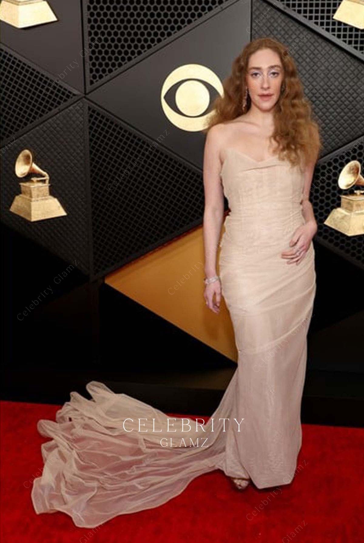 Micaela Diamond long train prom dress Grammys red carpet 2024