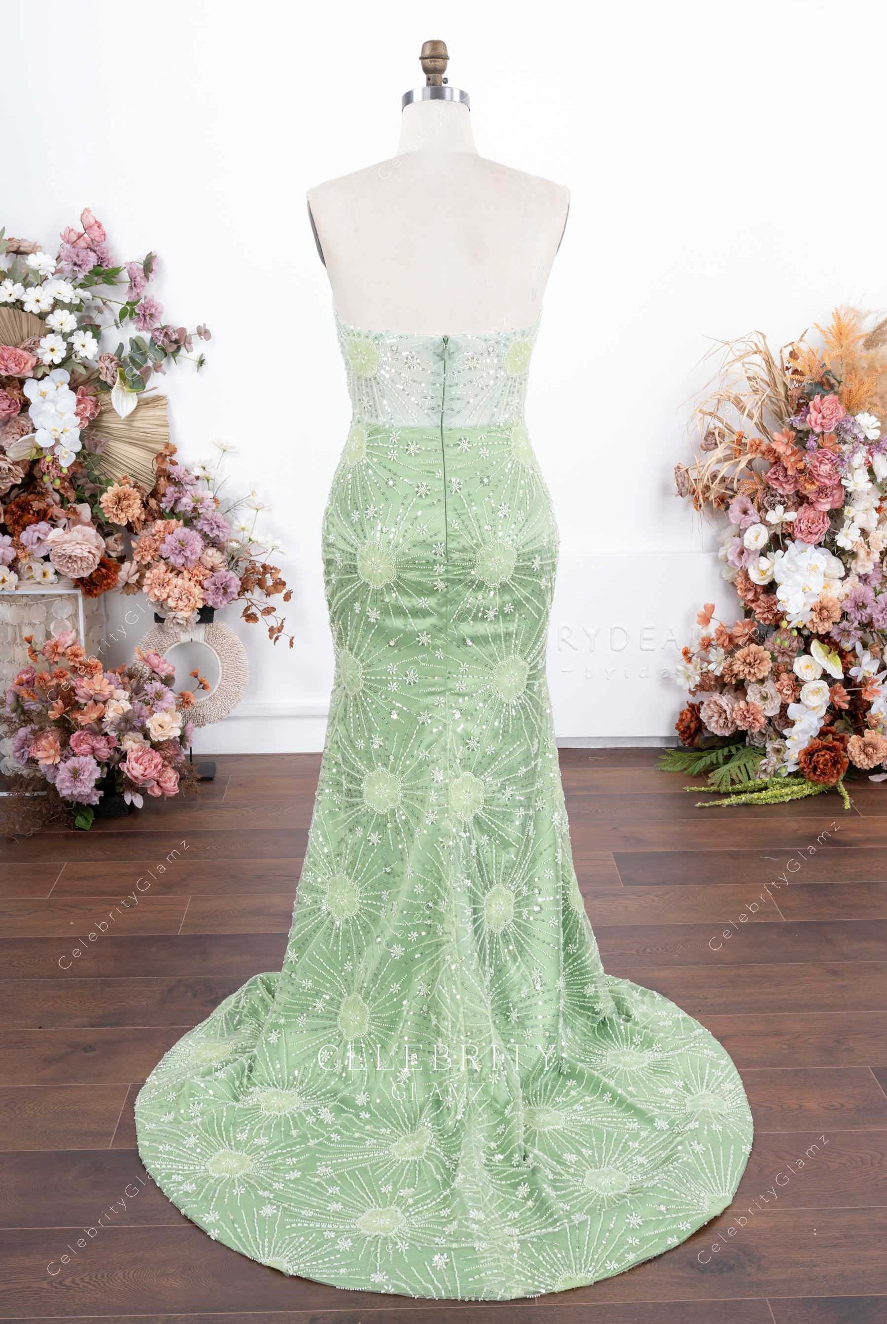 mint green beaded mermaid prom dress