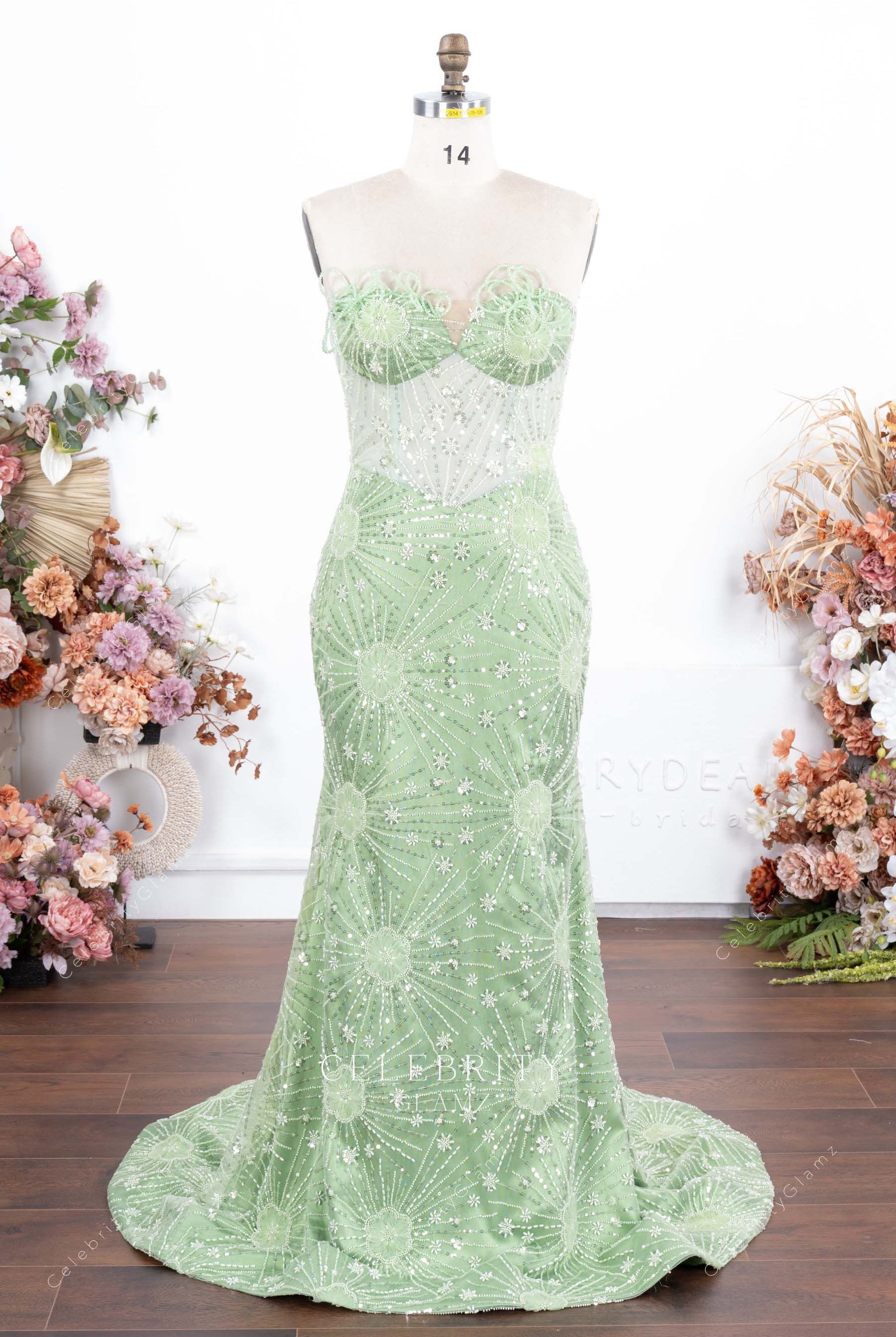 mint green beaded strapless prom dress