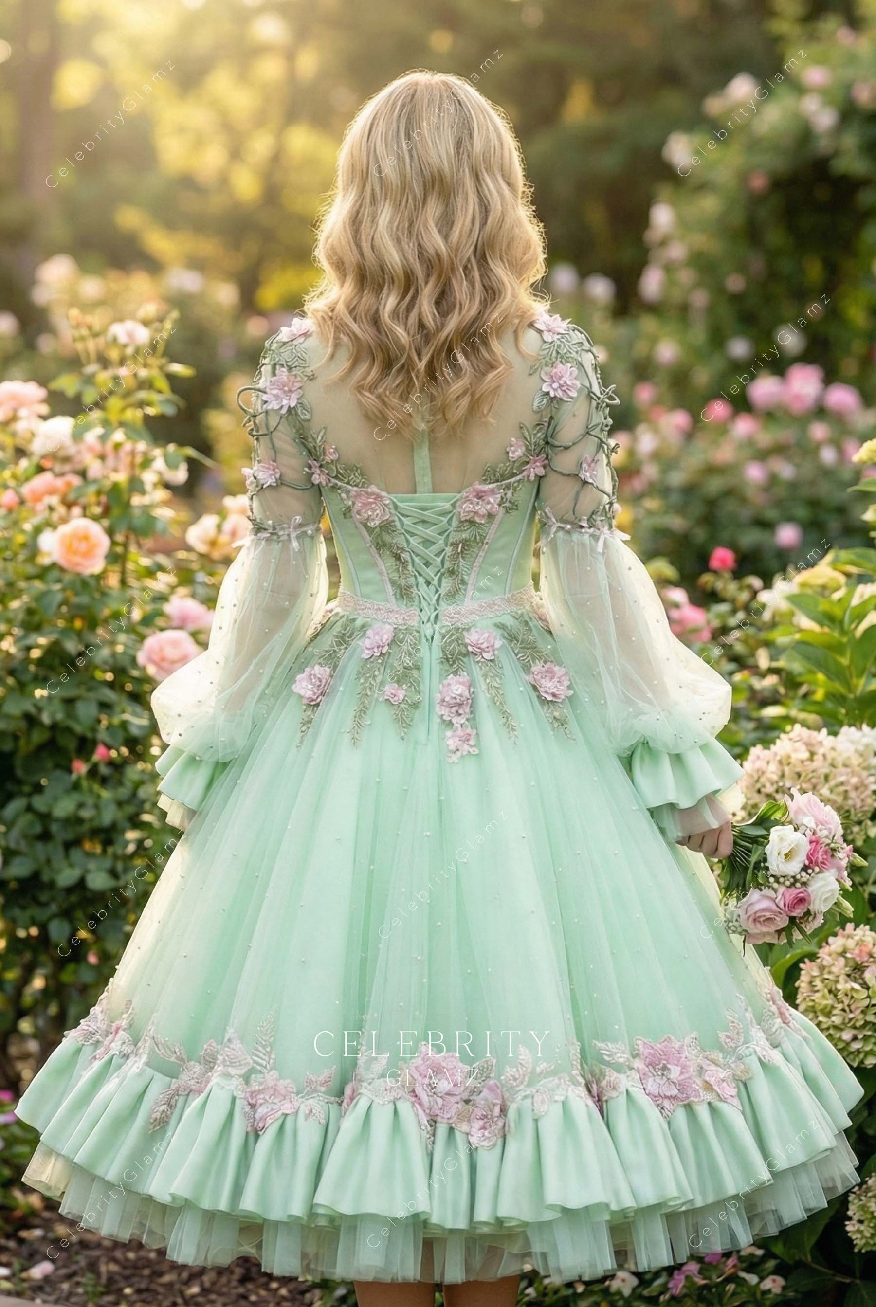 mint layered puffy a line wedding dress
