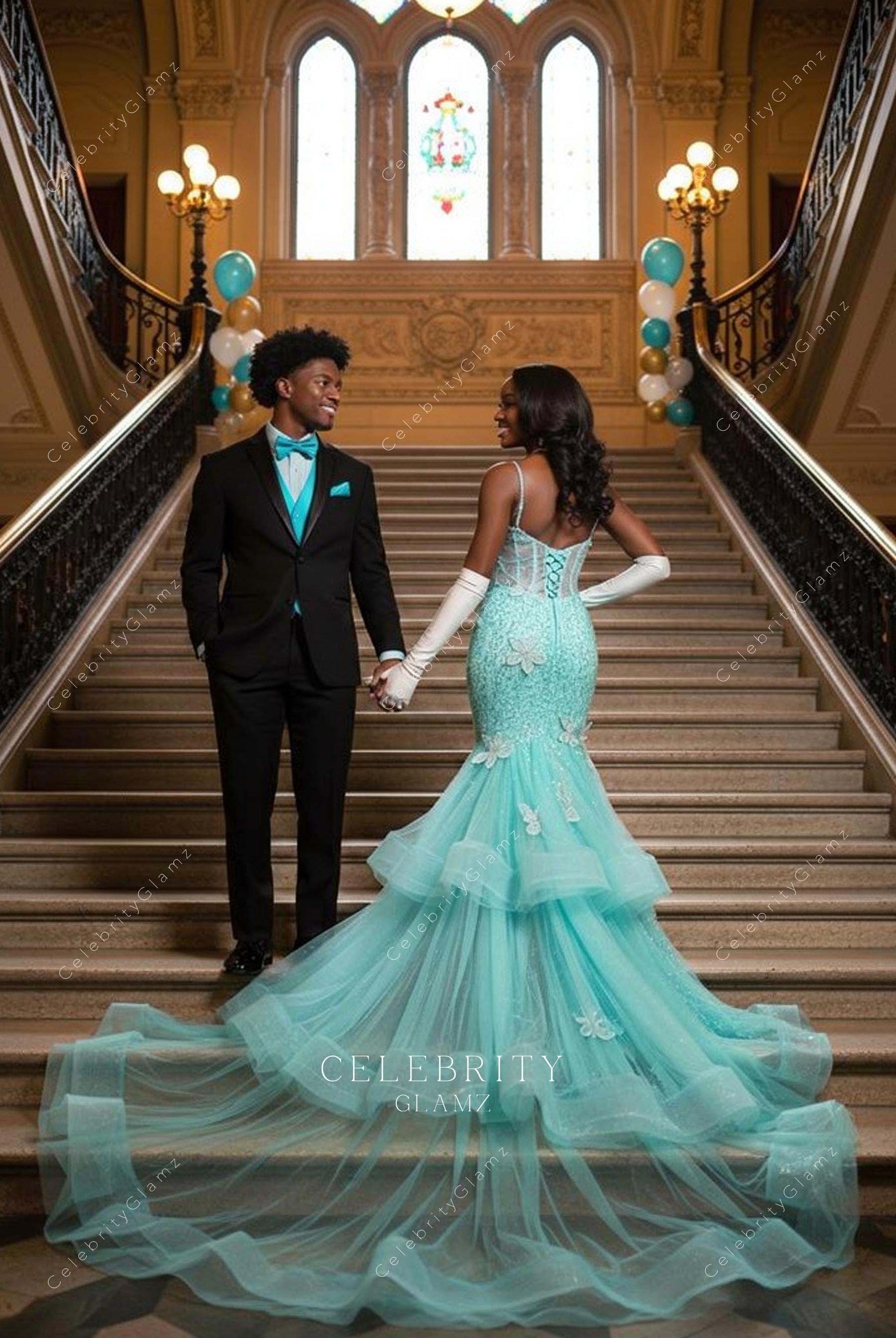 mint layered train prom dress
