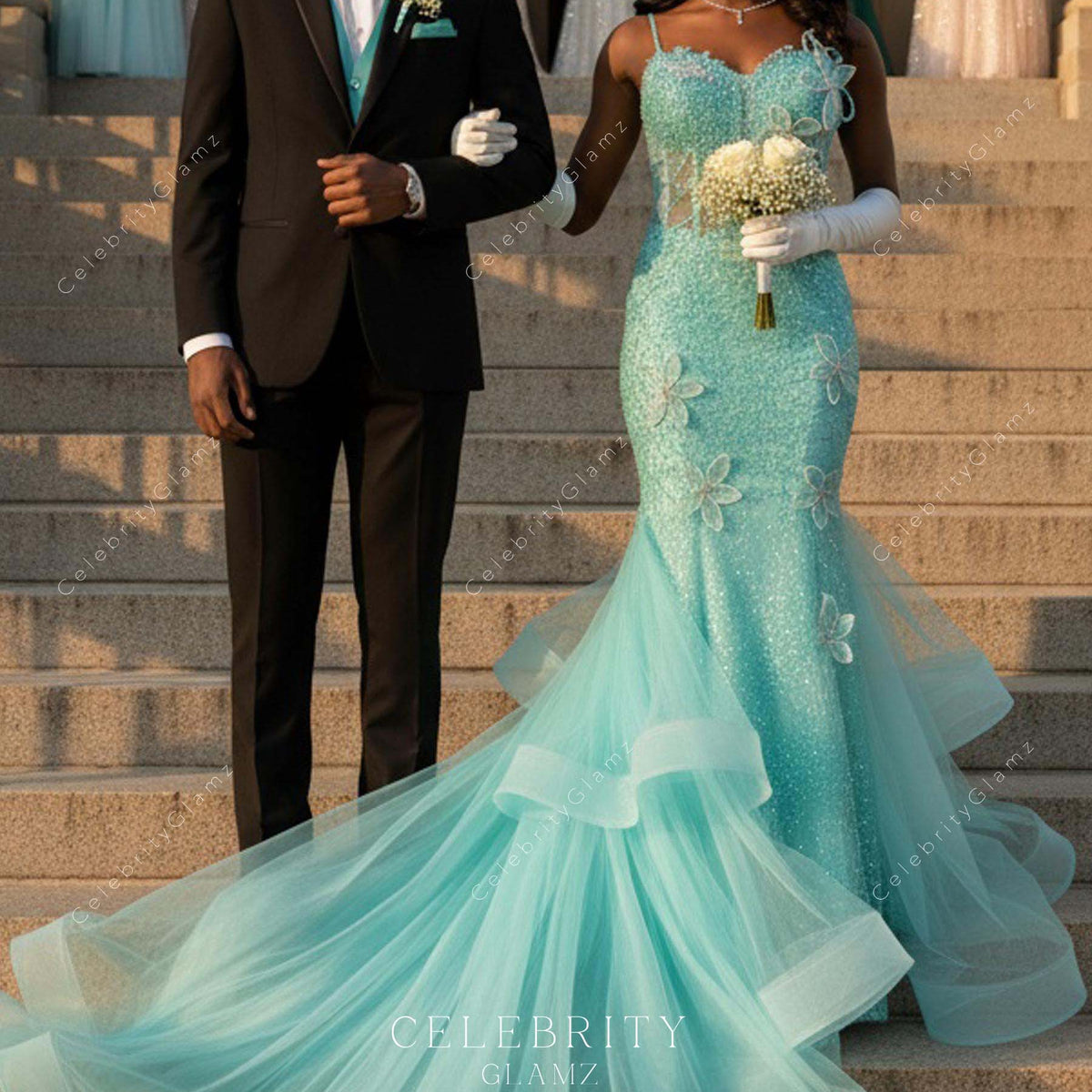 mint green mermaid wedding dress Shimmery 3D Floral Sweetheart Neck Prom – Celebrity Glamz radiates elegance in every Petite Emerald Bow Strap Size:18.5 (36/37) holiday sequin outfit