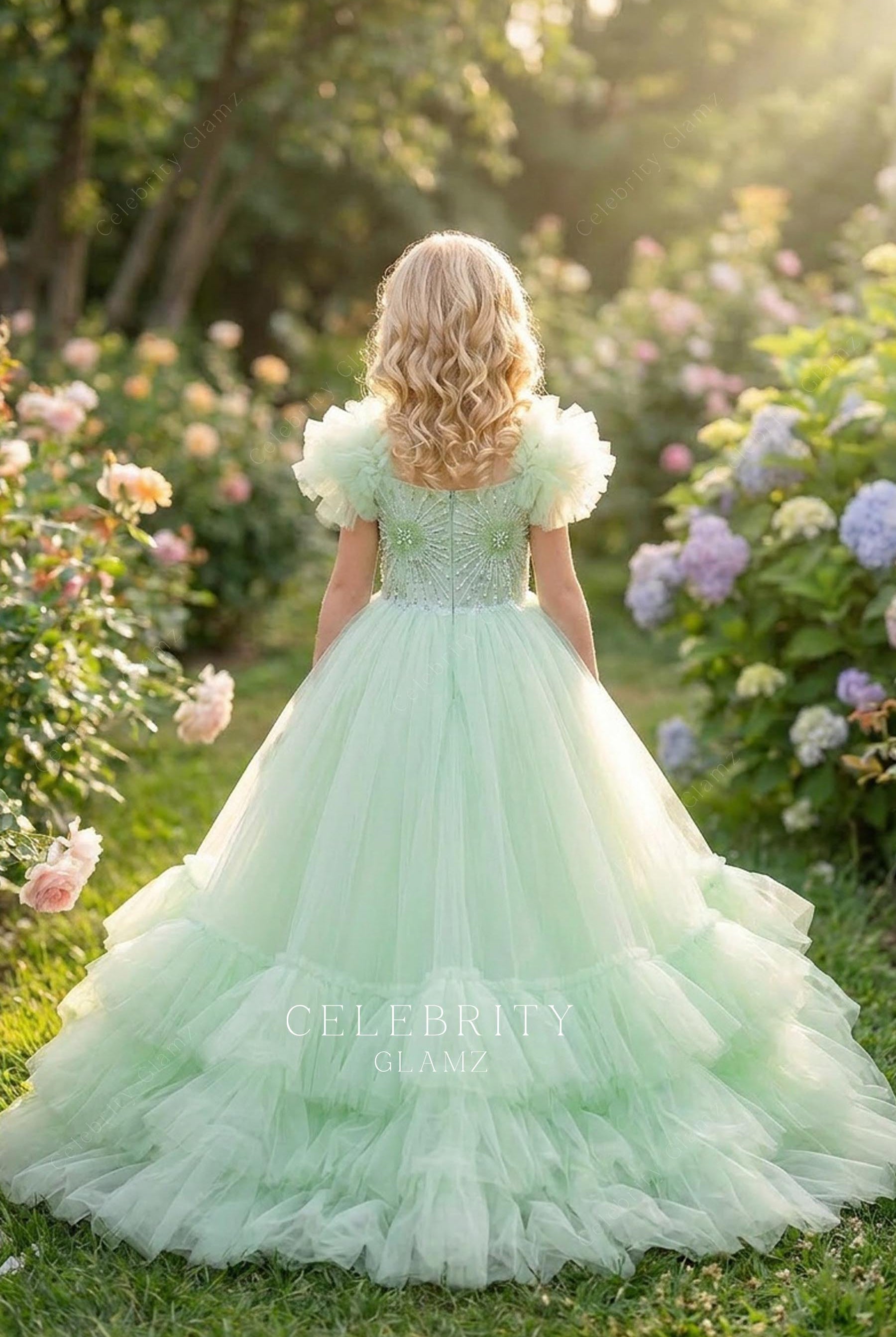 mint tulle court train pageant gown