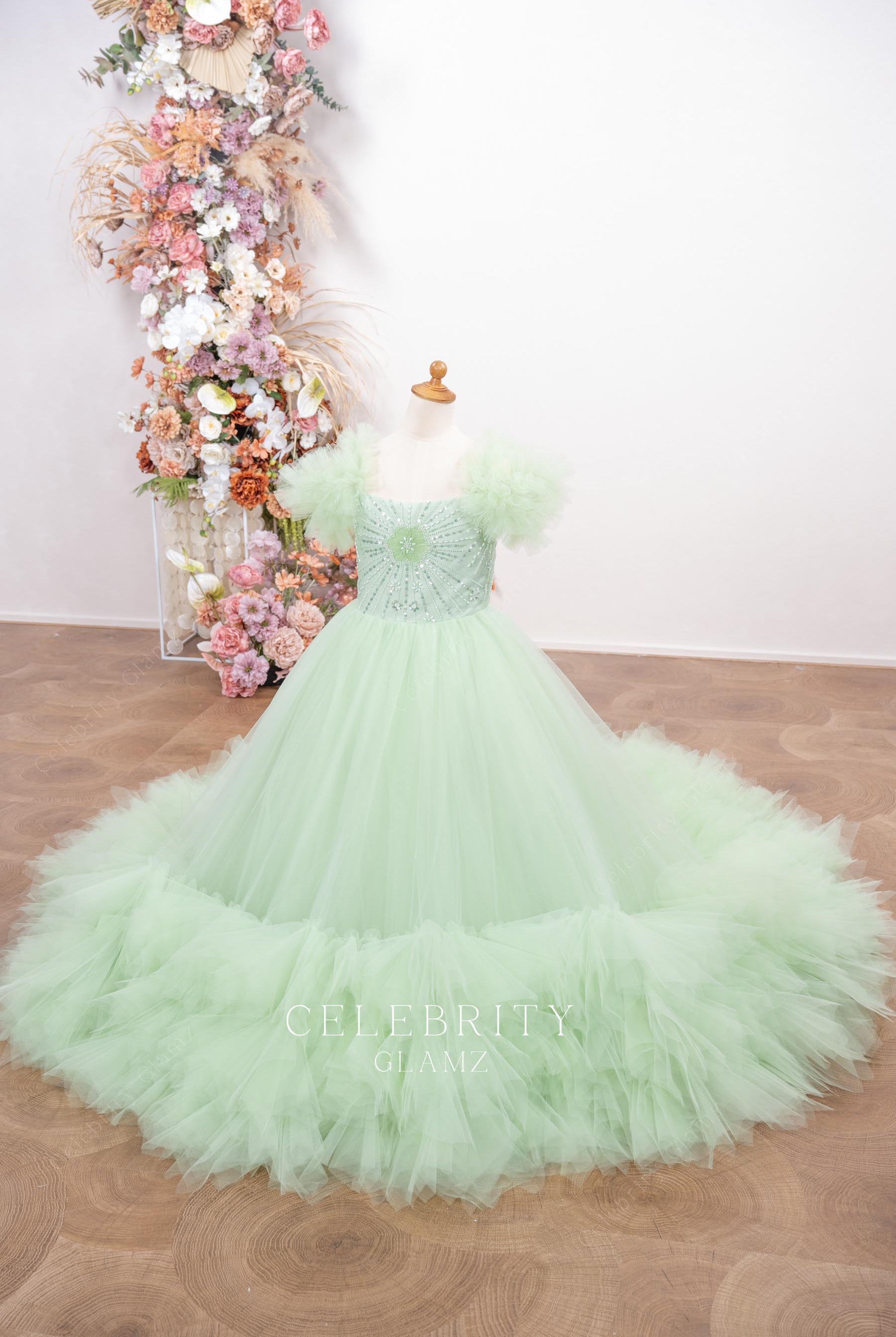 mint tulle kids pageant gown