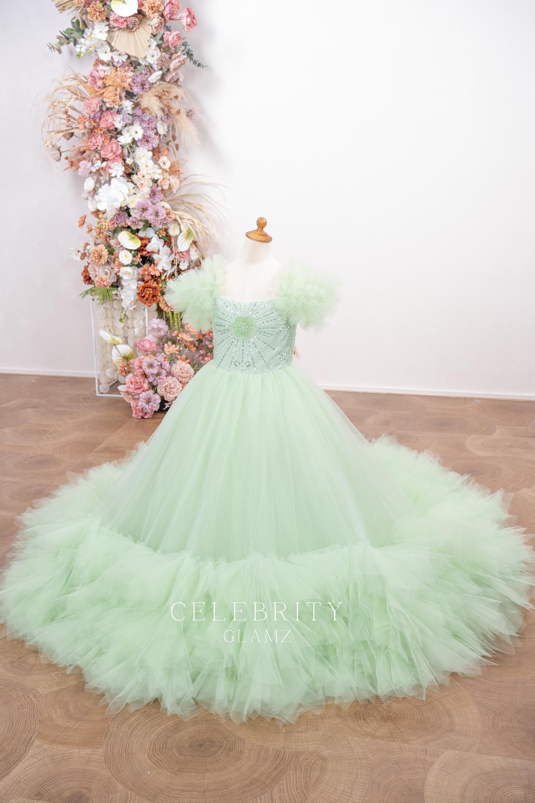 mint tulle kids pageant gown