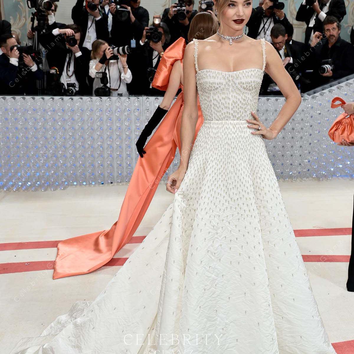 miranda kerr burgundy dress Miranda Kerr White 2023 Met Gala Pearl A-Line Formal Gown – Celebrity Glamz