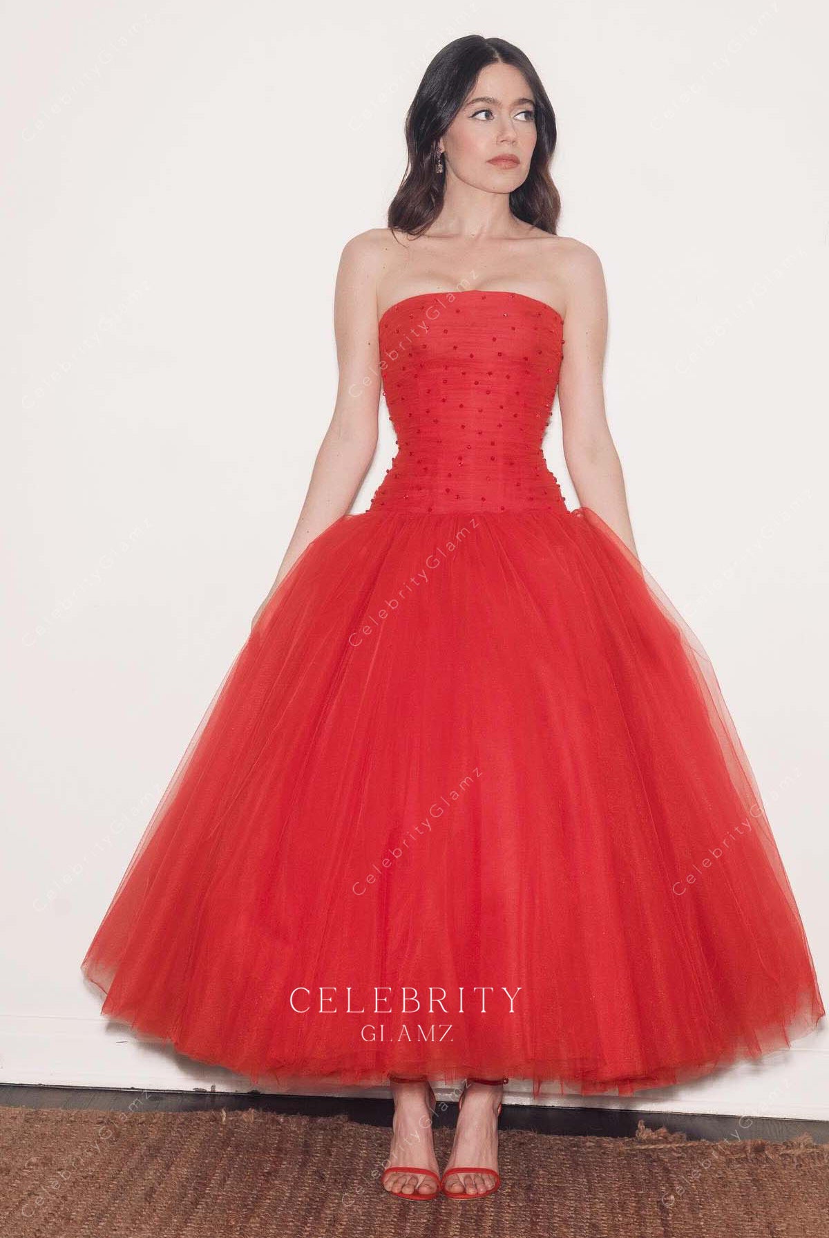 Molly Gordon red strapless 2025 Vanity fair party ankle length dress