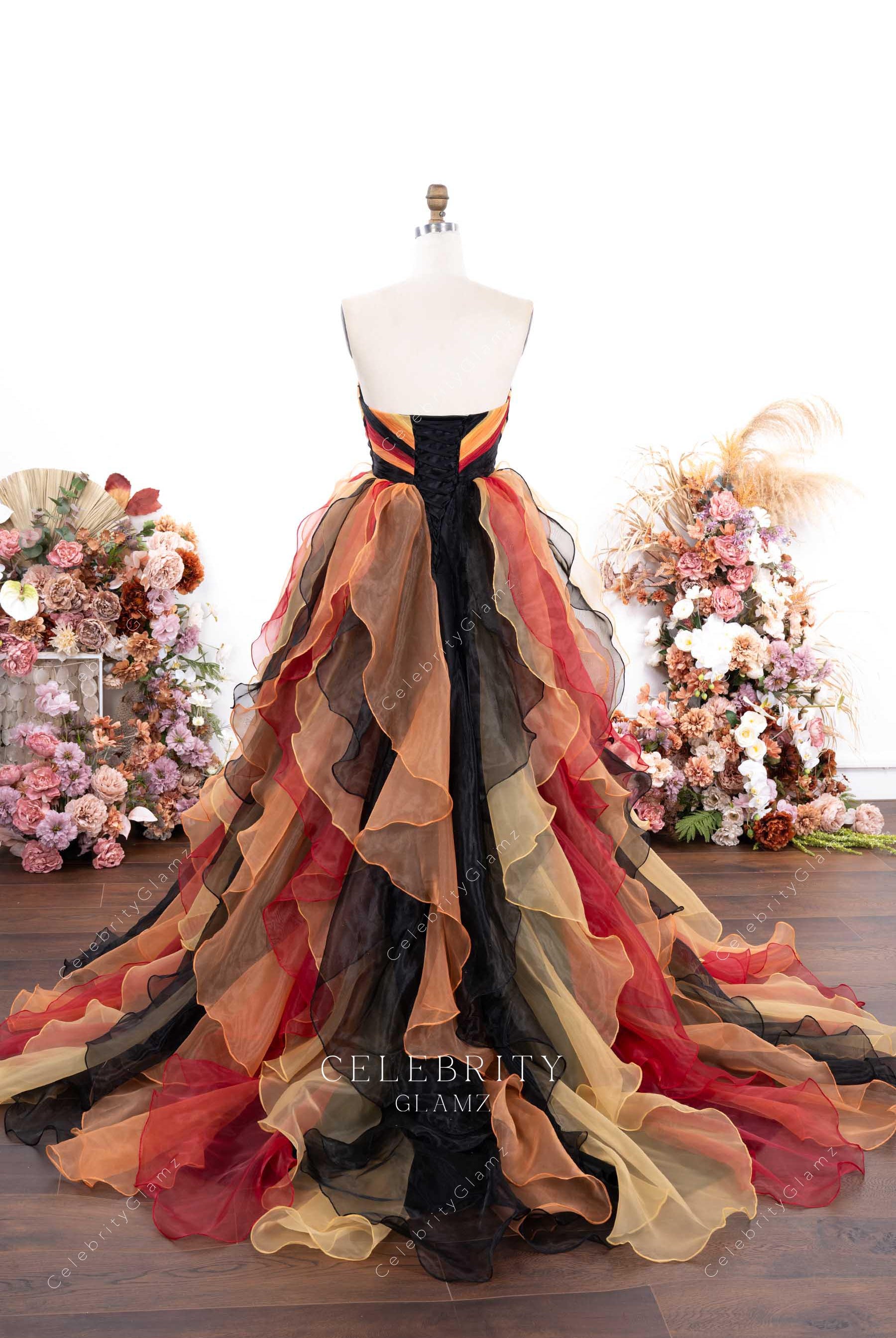 multi colored court train formal dress