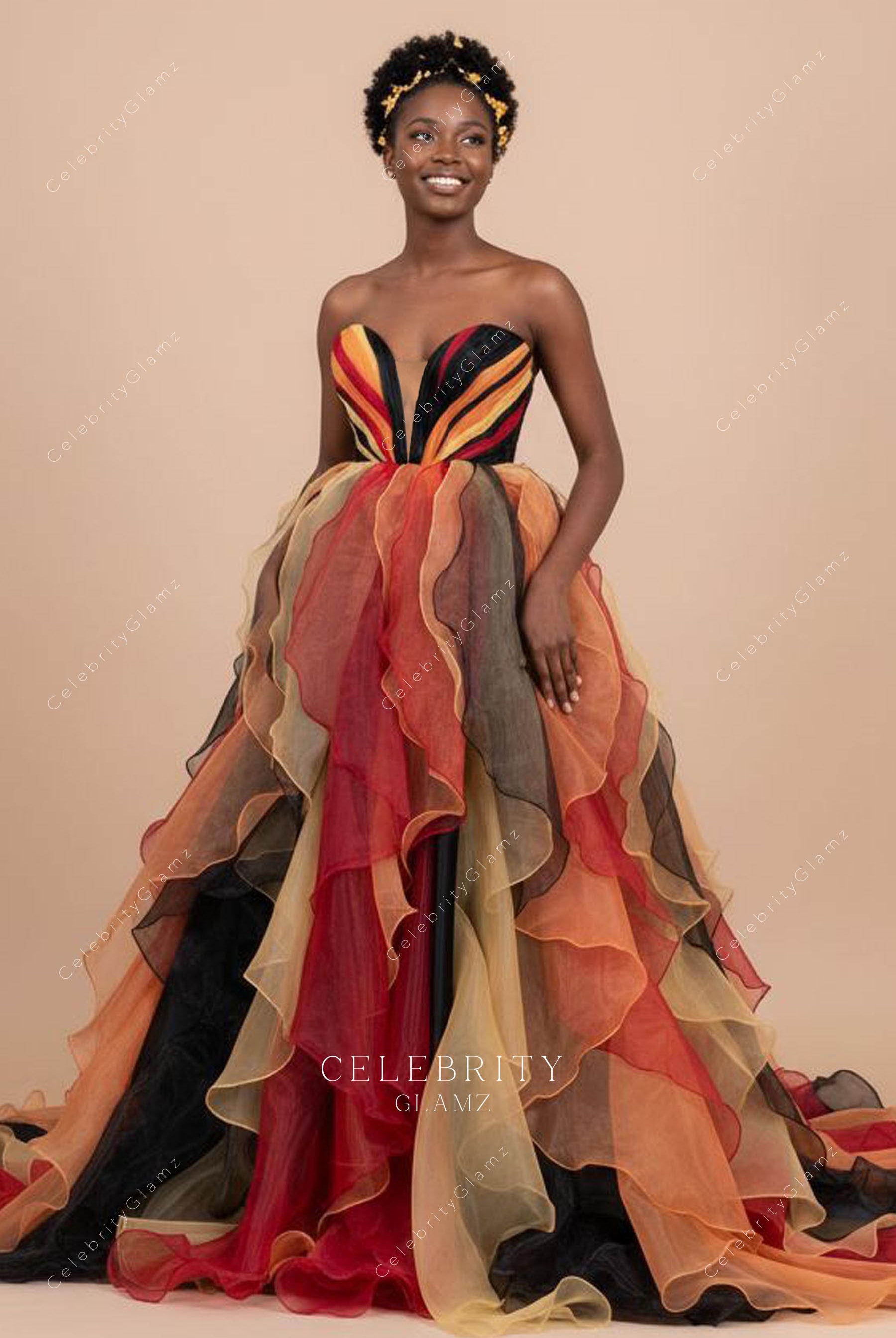 multi colored strapless formal dress