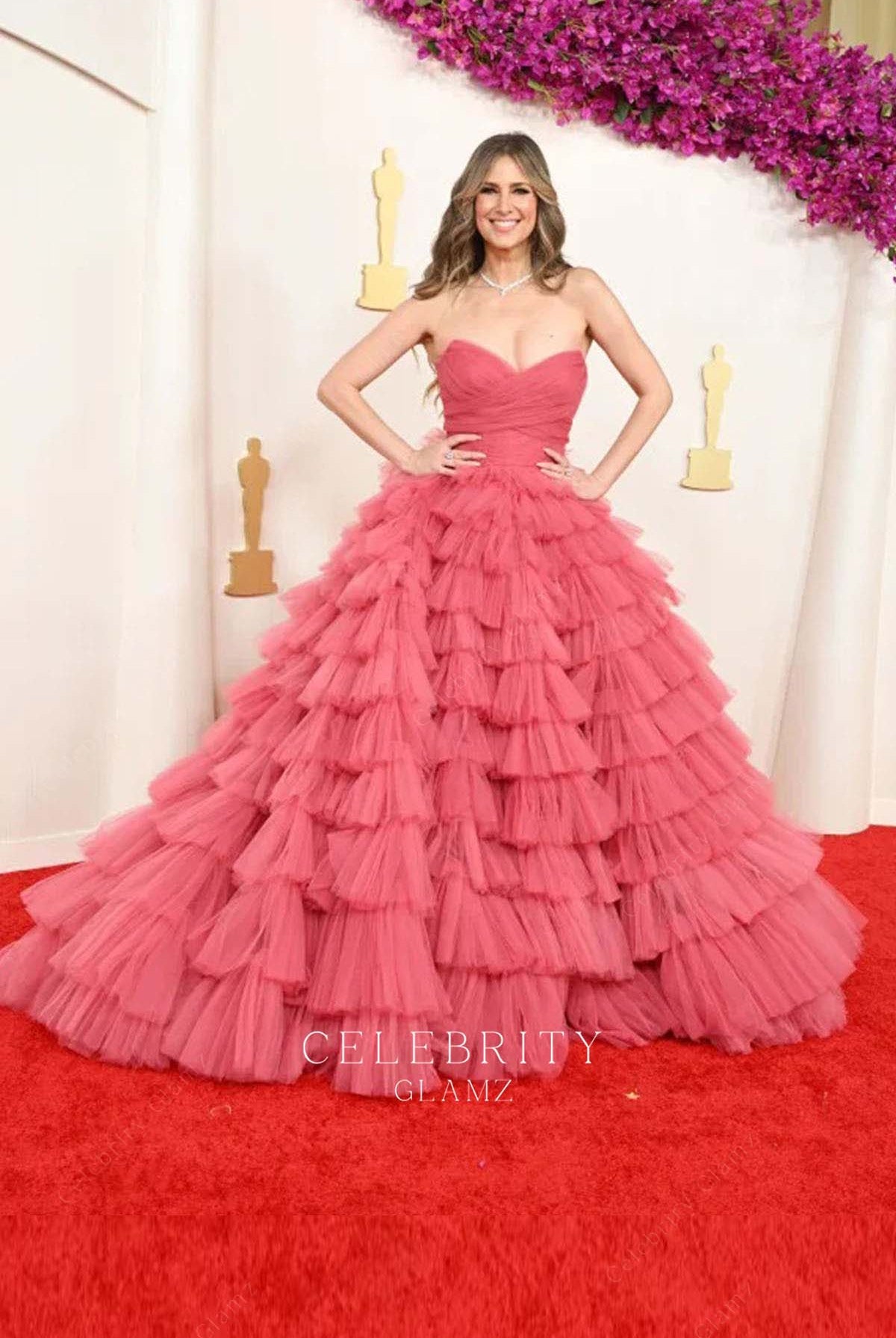 Nikki Novak watermelon strapless prom dress 2024 Oscars red carpet