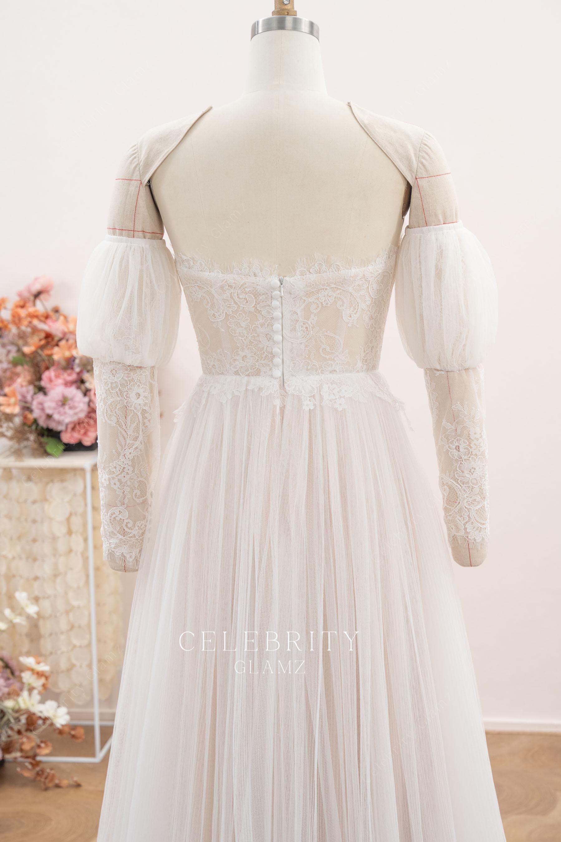 nude beige detachable illusion sleeve bridal dress