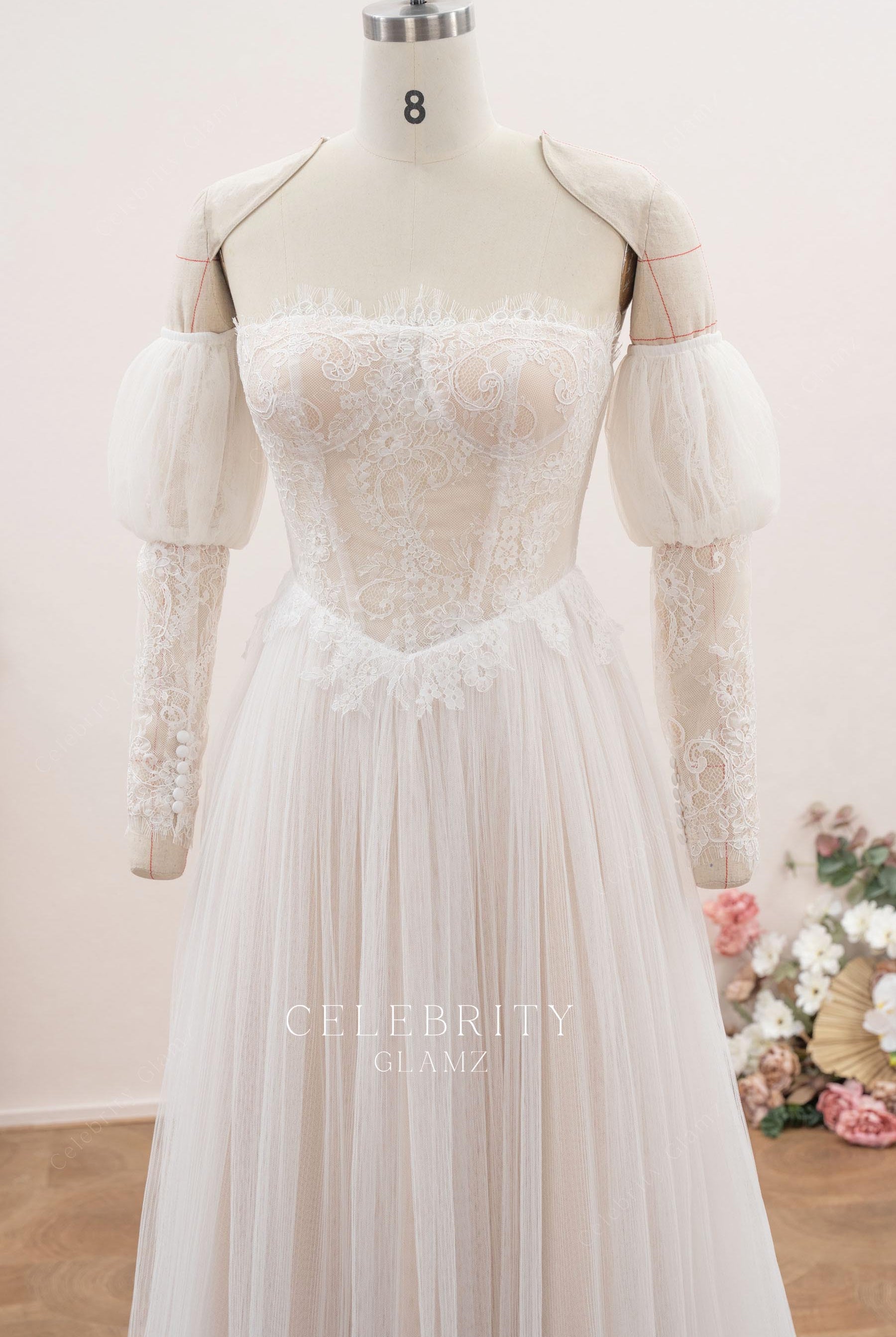nude beige lace off the shoulder bridal dress