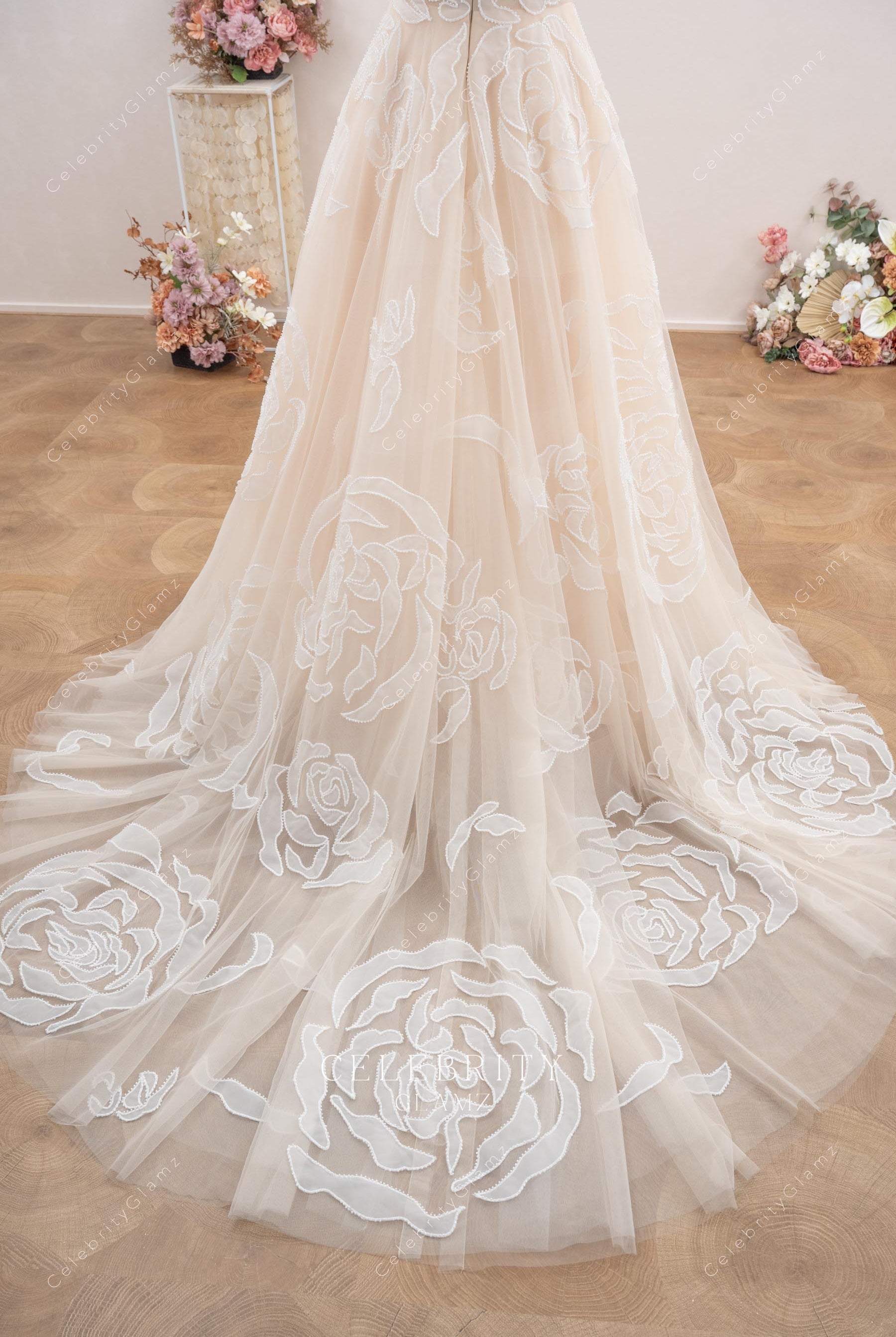 nude pink floral lace train wedding dress