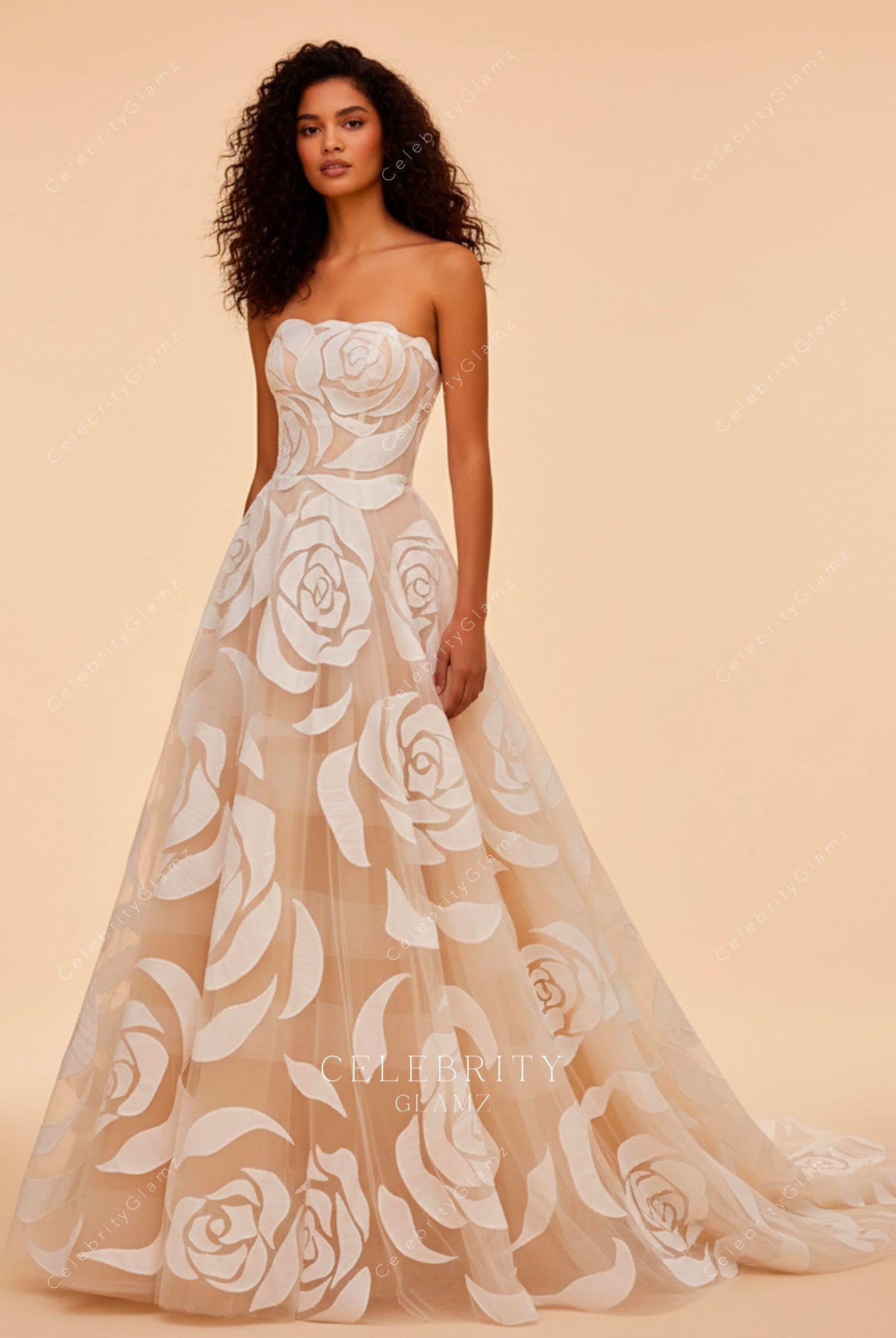 nude pink floral lace wedding dress