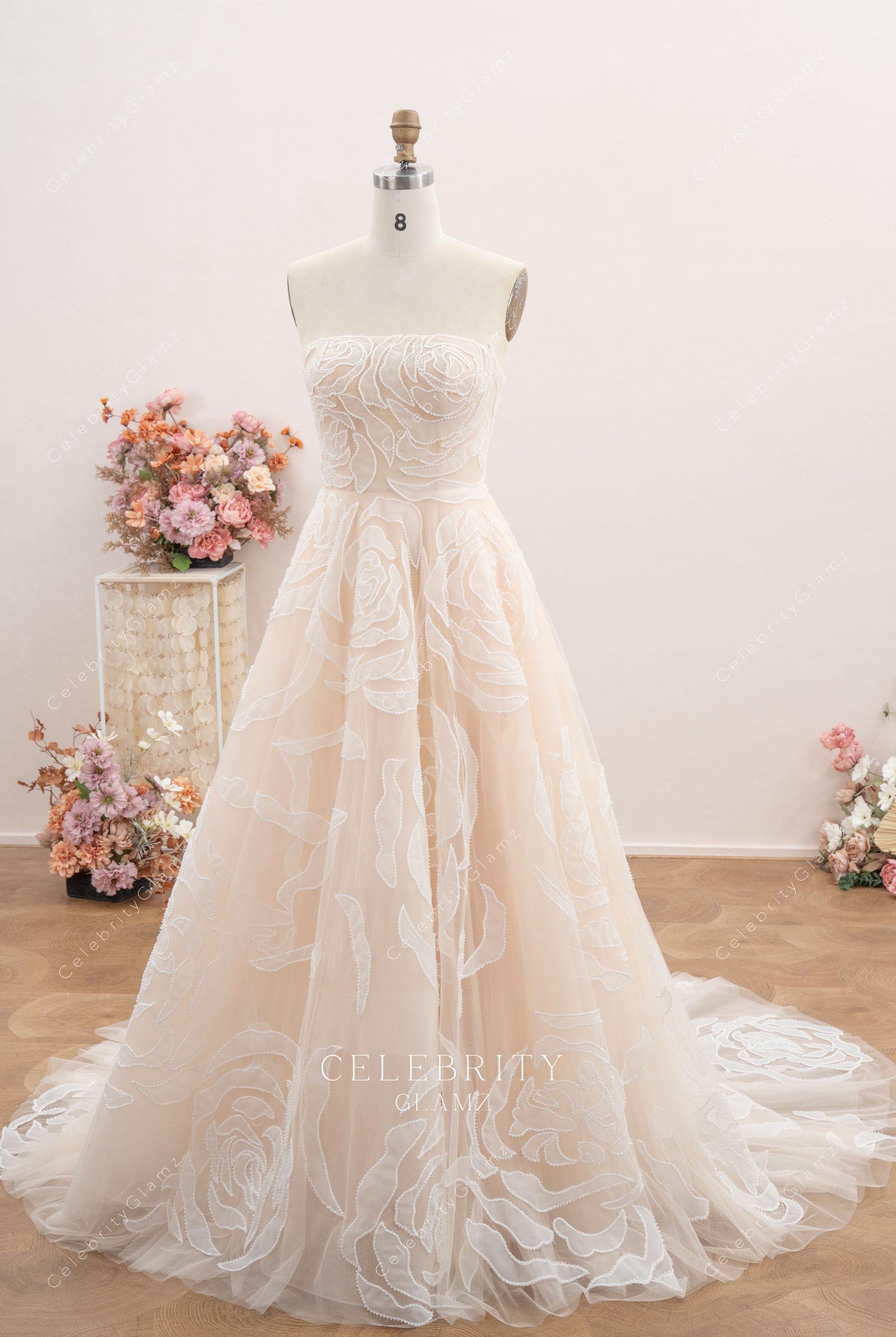 nude pink lace a line wedding dress