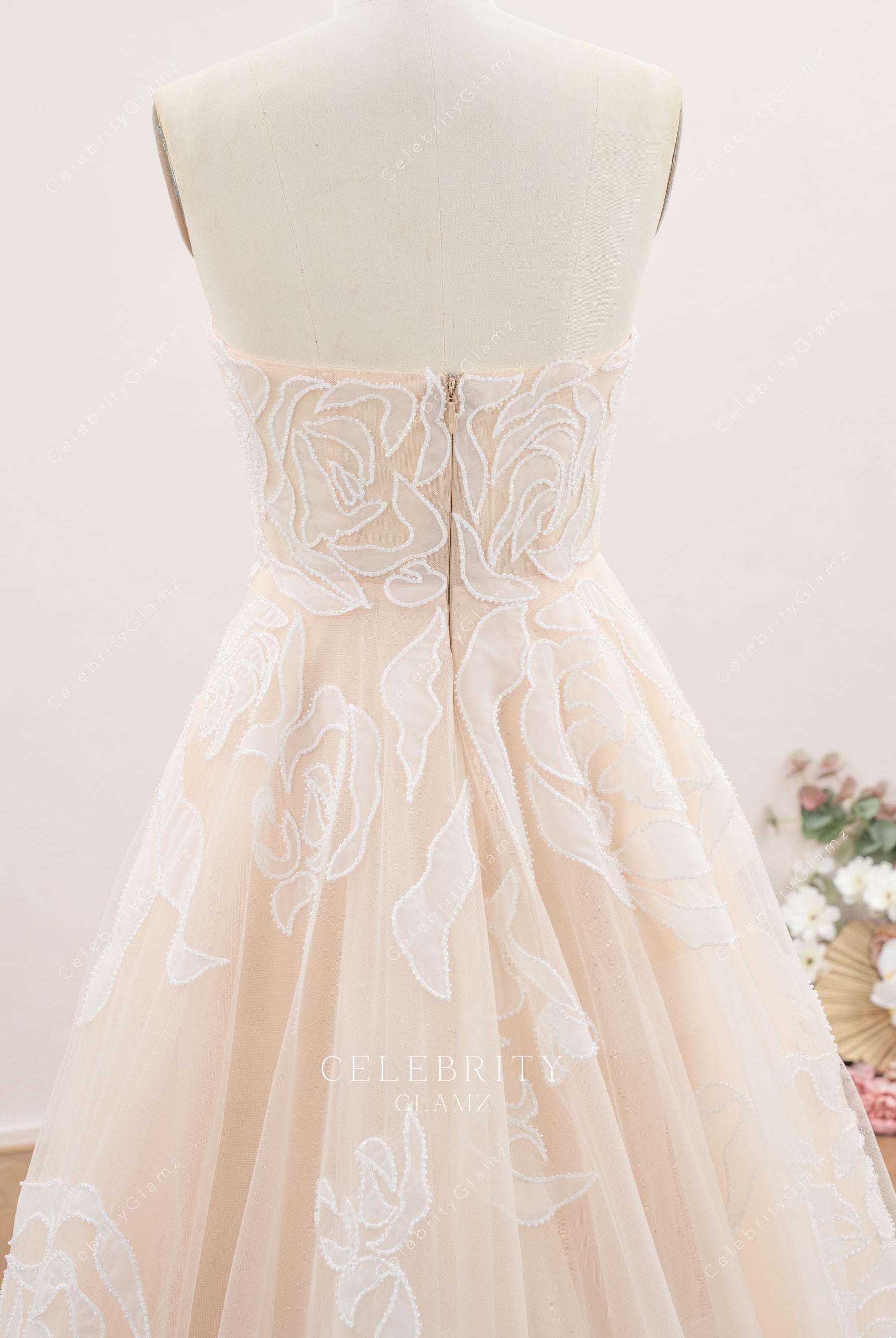 nude pink lace open back wedding dress