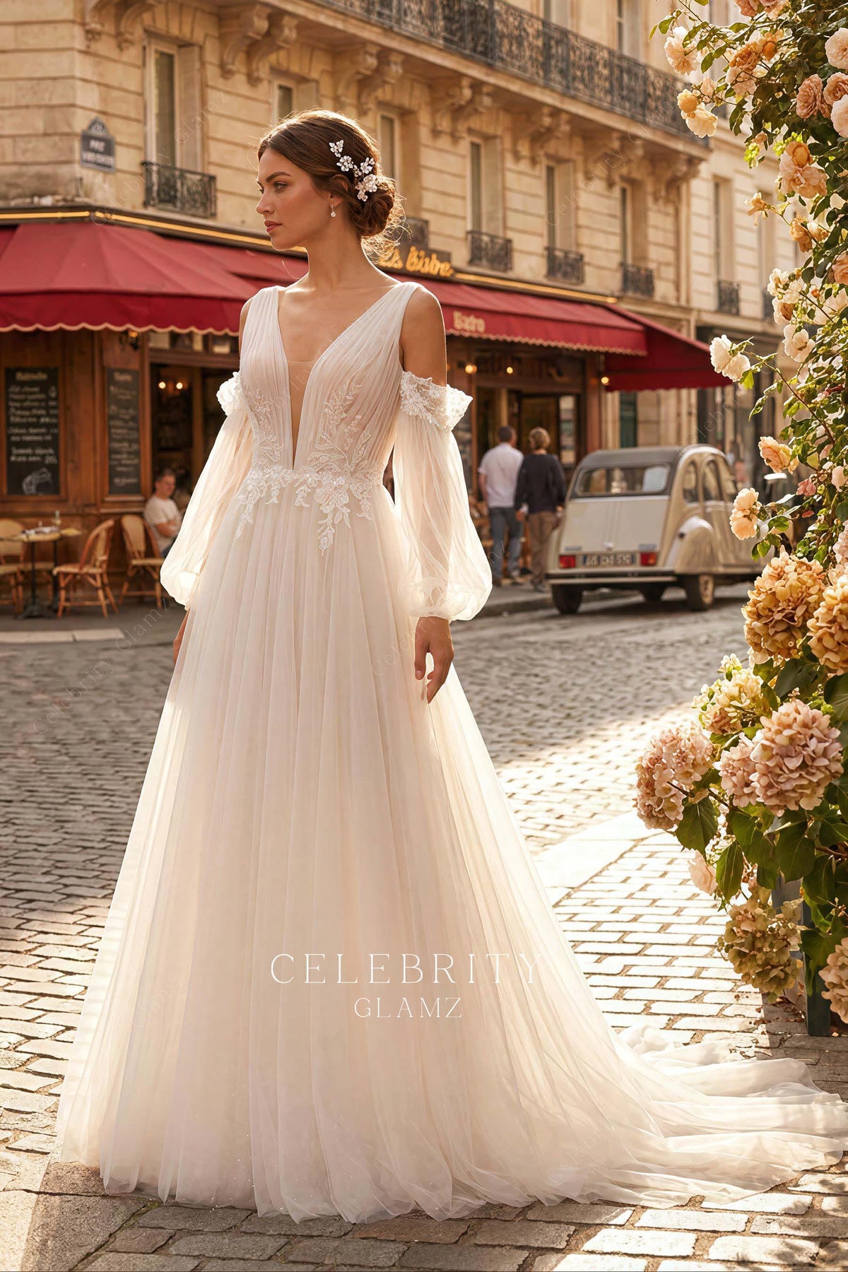 nude pink pleated tulle plunging wedding dress