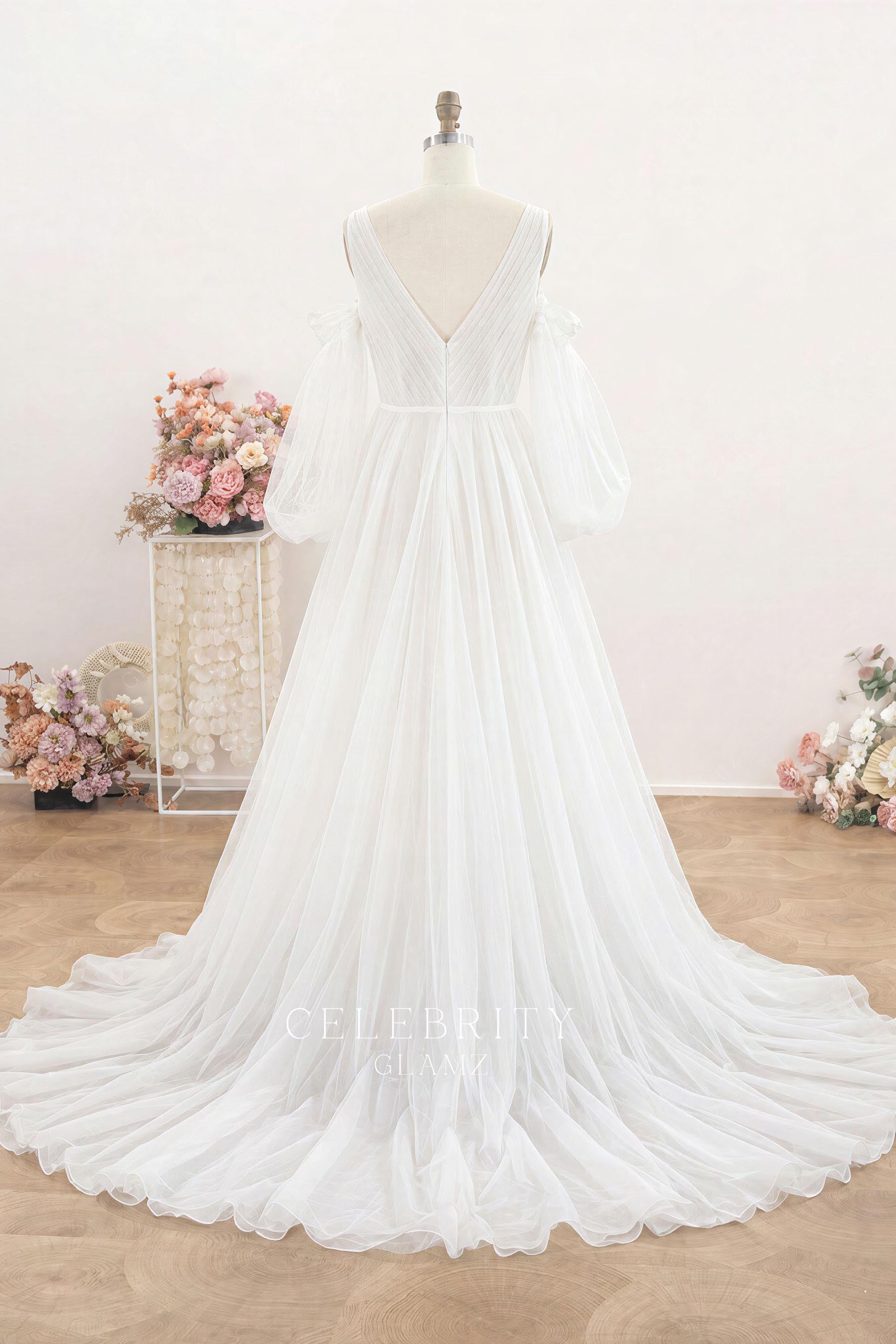 nude pink tulle long train wedding dress