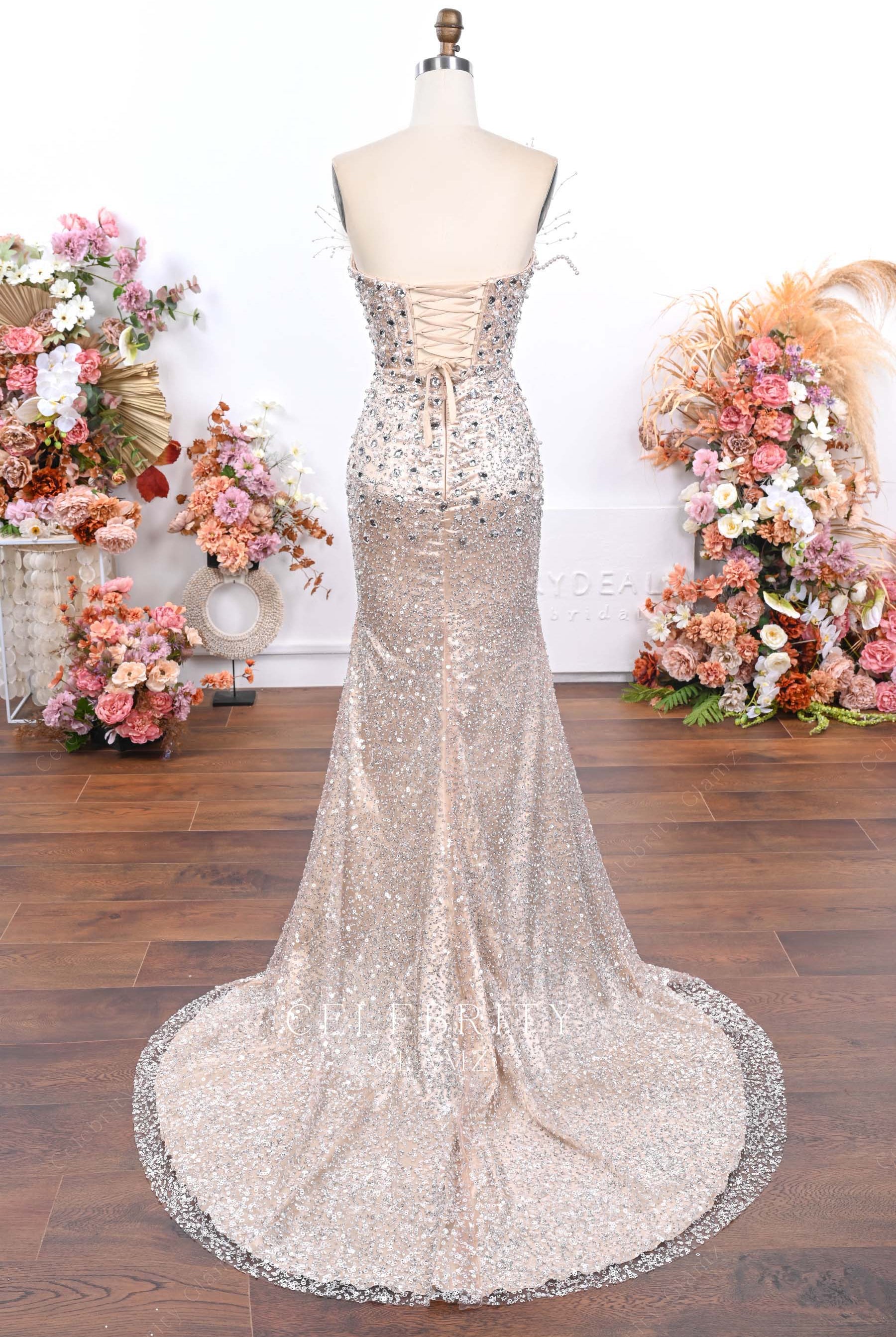 nude sequin fit flare prom dress