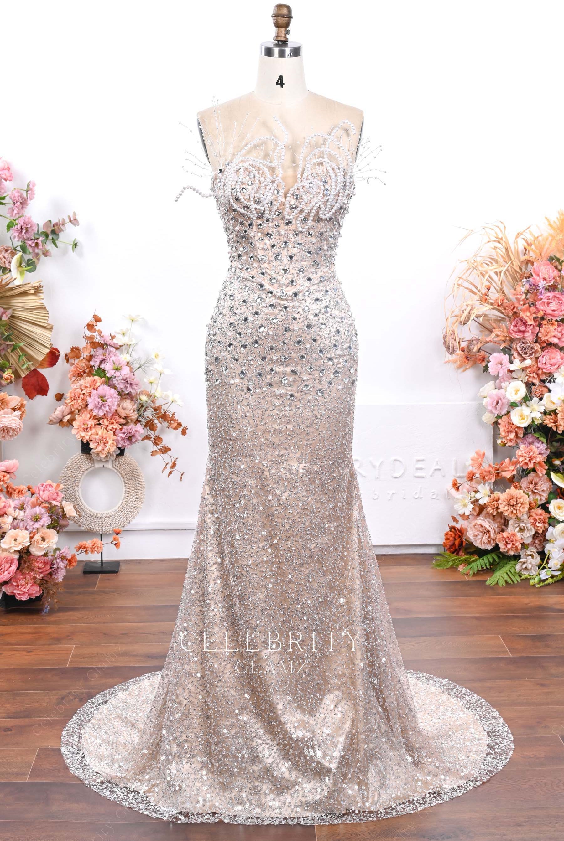 nude sequin strapless prom dress
