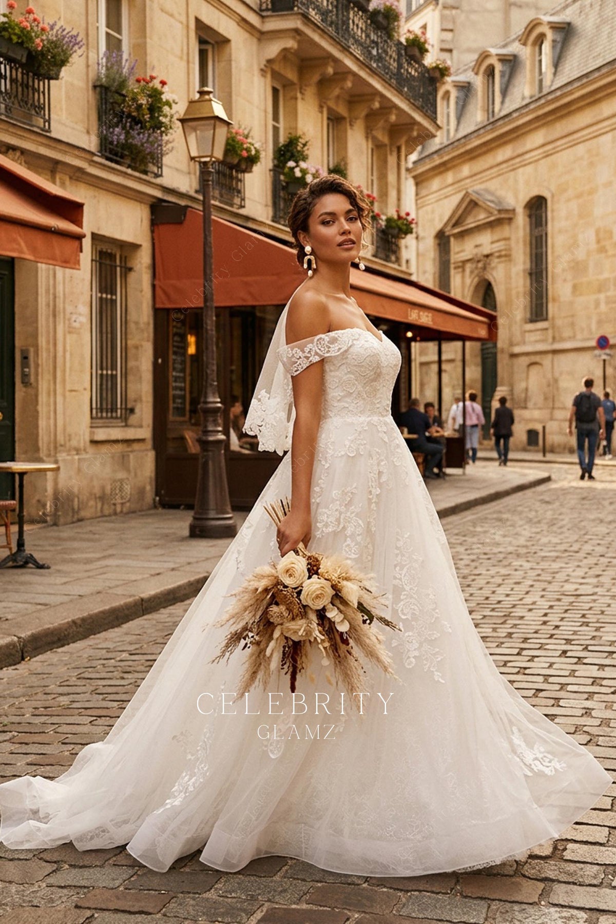 off shoulder drop sleeve wedding dress