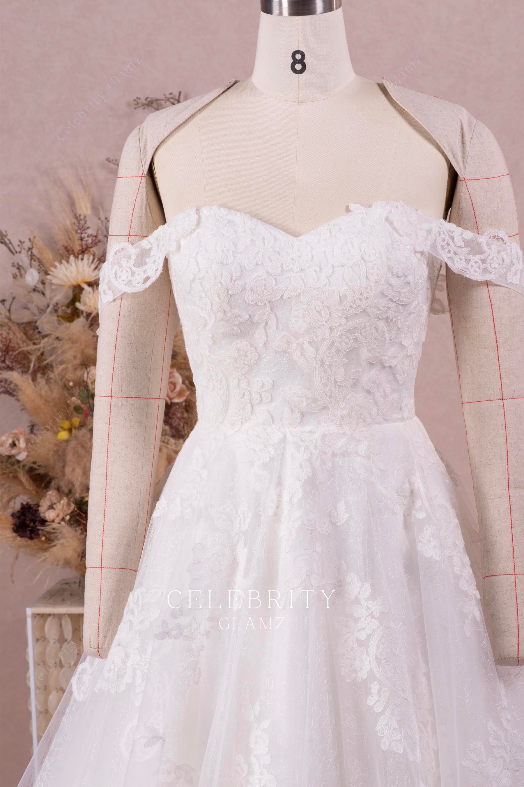 off shoulder sweetheart neck bridal dress